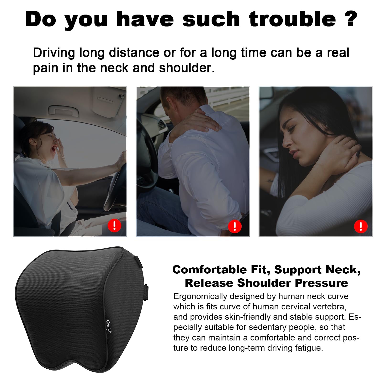 Crofy 2 Pack Car Neck Pillow, Softness Car Headrest Pillow for Driving with Adjustable Strap, 100% Memory Foam and Breathable Removable Cover, Comfortable Ergonomic Design