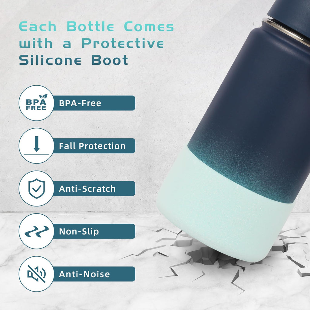 Volhoply 14oz Water Bottle with Straw Lid and Silicone Boot Bulk 2 Pack,Stainless Steel Insulated Flask for Boys & Girls Multipack,Double Wall Vacuum Leakproof Kids bottles(Assorted,2)