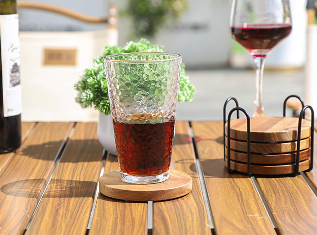 Wood Coasters for Drinks Tabletop Protection with Holder Set of 6, Acacia Wooden Coasters for Coffee Table Dining Table Desk Round with Non-Slip Pad Cup Coasters for Home Office Christmas Decor 4 Inch