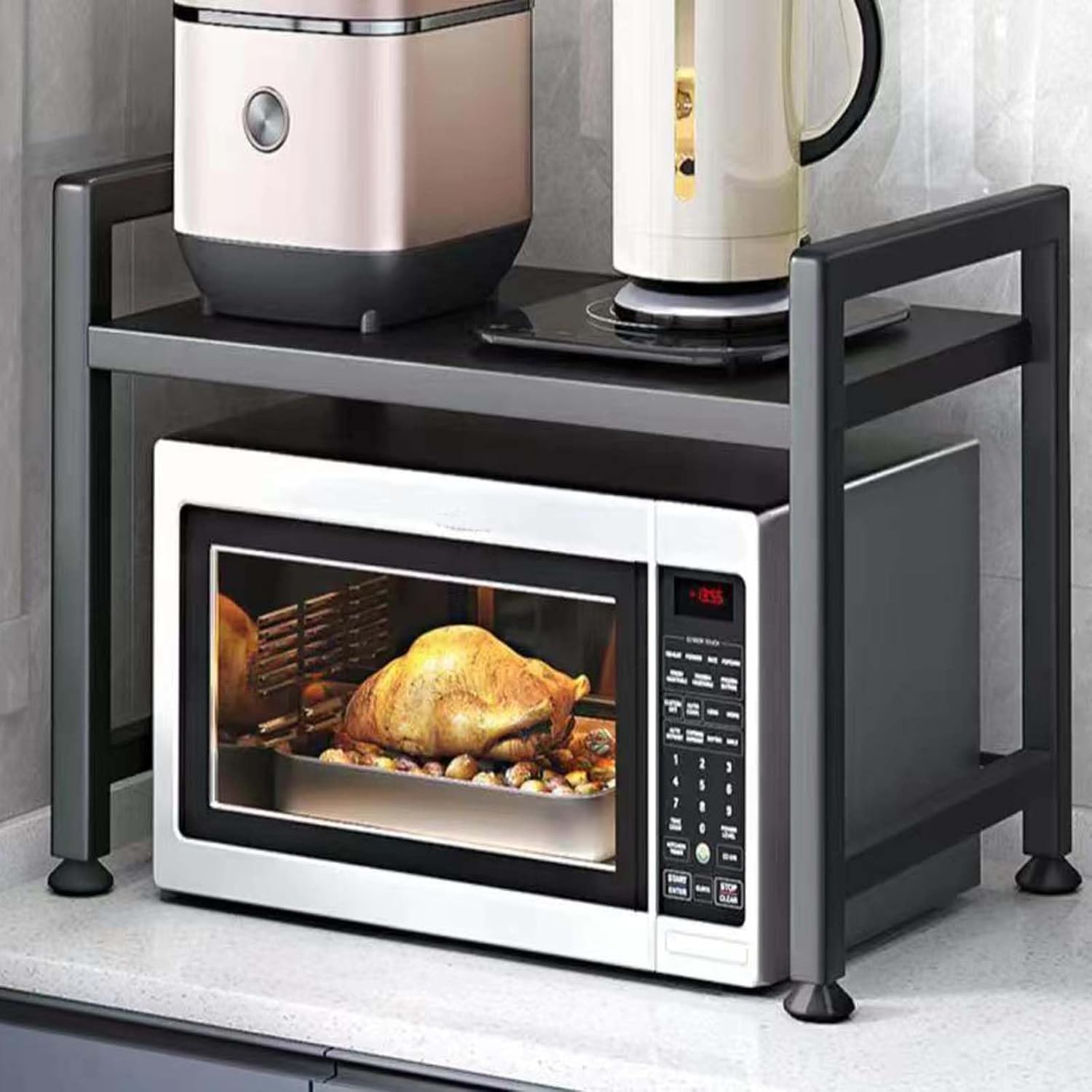 LUCKY KVW Microwave Oven Rack, Adjustable Shelf with 6 Hooks, Extendable Kitchen Microwave Stand with Storage