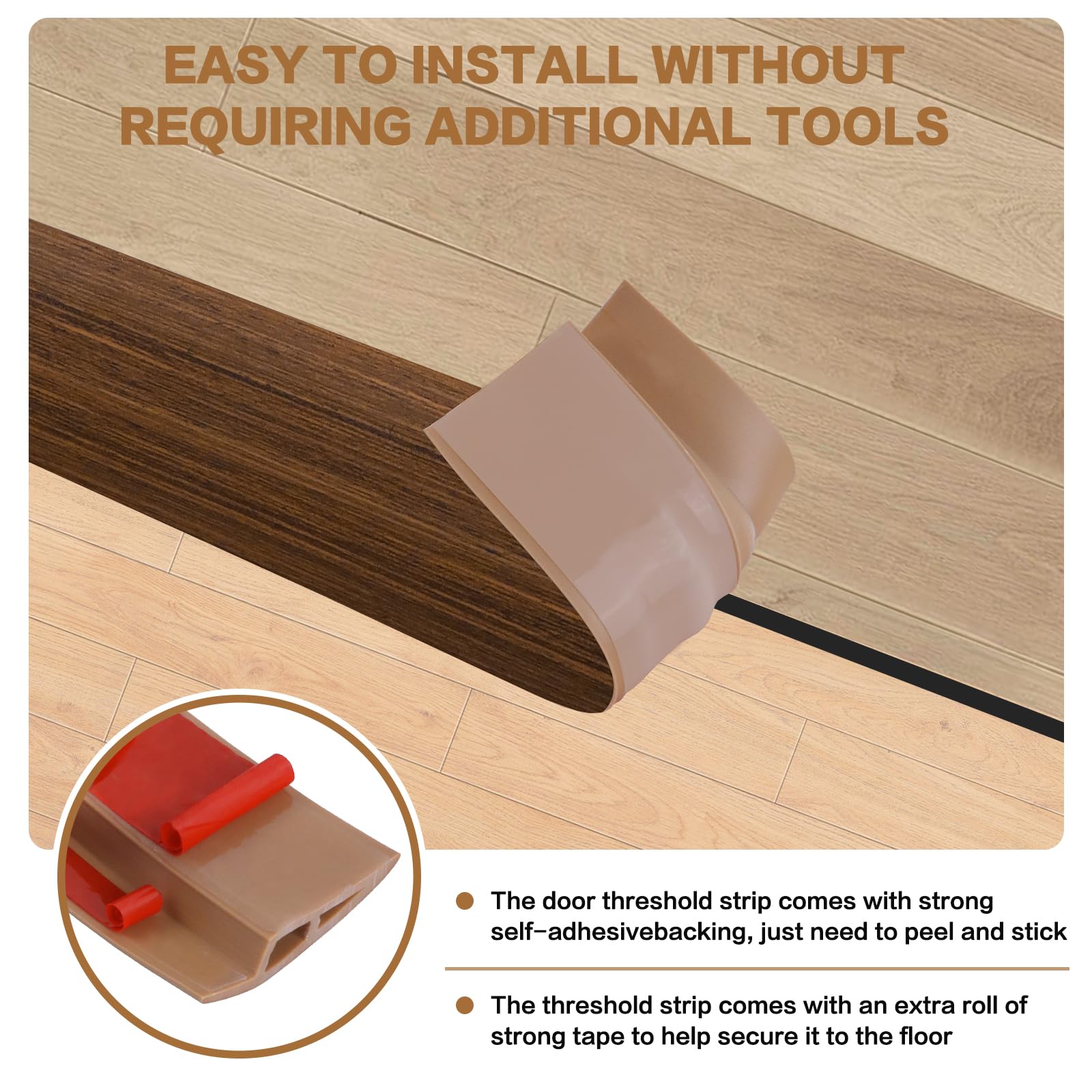 Floor Transition Strip Vinyl Door Threshold Ramp Self Adhesive Carpet Edging Strip Doorway Edge Trim, Overlap Edge Reducer for Laminate Carpet, Floor, Tile (Brown wood grain, 1/5" to 2/5", 3.3Ft)