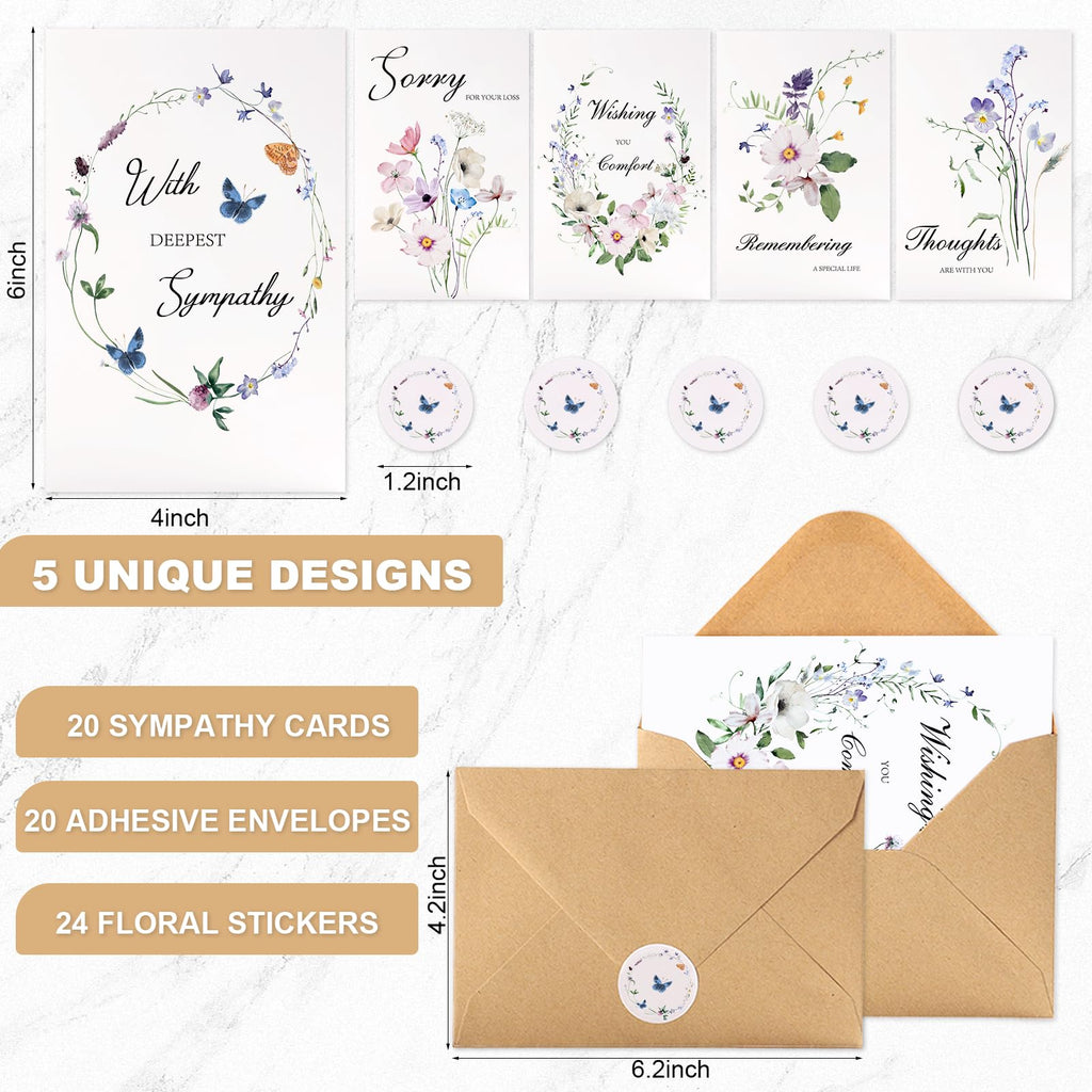 C2U Sympathy Cards with Envelopes – 20 Pack Condolence & Thinking of You Cards with Stickers – Elegant Floral Designs & Heartfelt Messages