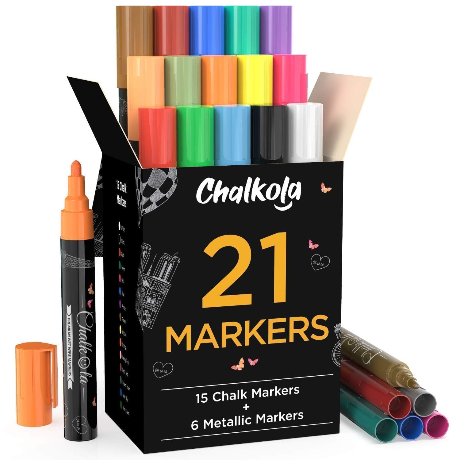 Chalk Markers & Metallic Colors (Pack of 21) Neon Chalk Pens - For Chalkboard, Blackboards, Window, Labels, Bistro, Glass - Wet Wipe Erasable - 6mm Reversible Bullet & Chisel Tip