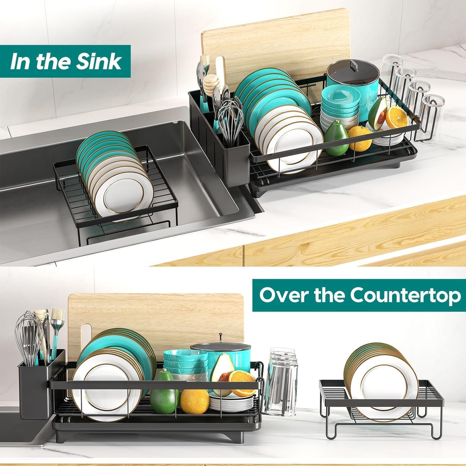 MERRYBOX Dish Drying Rack - Dish Racks with Drainboard for Kitchen Counter, Compact Stainless Steel Dish Drainer with Widened Leak-Proof Spout, Large 3-Compartment Utensil Holder, Easy Installation
