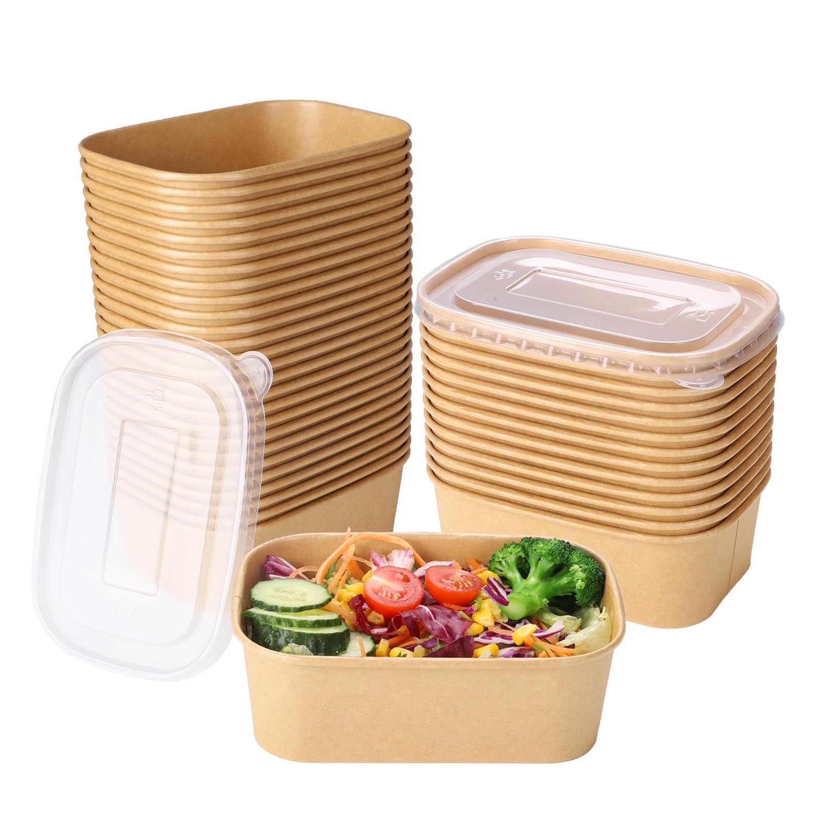 Belinlen 50 Pack 25oz Disposable Kraft Paper Bowls with Lids, Rectangle Paper Food Containers with Lids, Salad Bowls for Hot/Cold Food, Soup, Meal Prep, Ice Cream, Takeout, Party Supplies(750ml)
