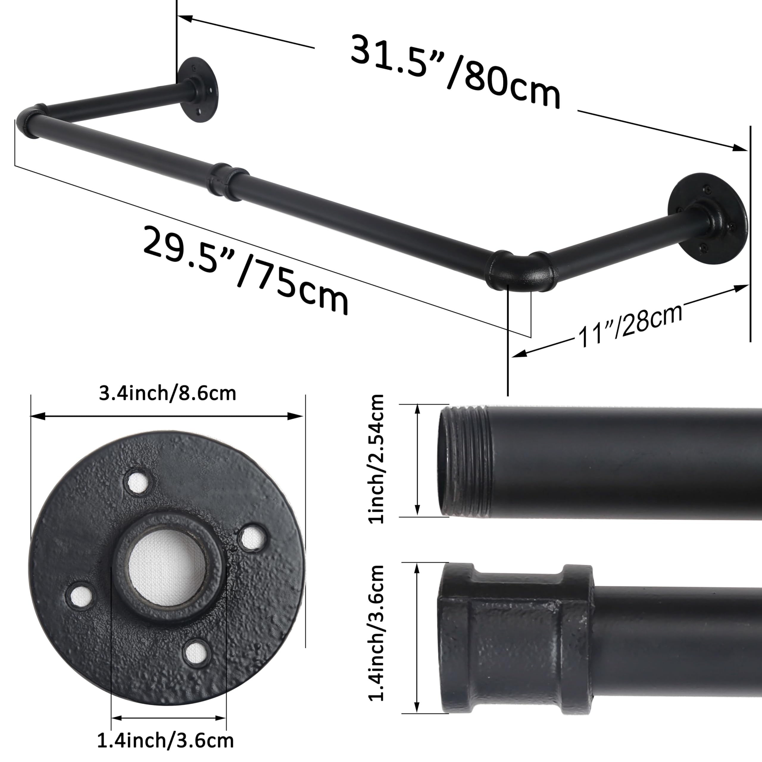 WEBI Clothing Rack Wall Mount,32" Industrial Pipe Clothes Rack for Hanging Clothes,Heavy Duty Iron Garment Rack Bar,Retail Display Clothes Rod for Closet,Laundry Room,Black