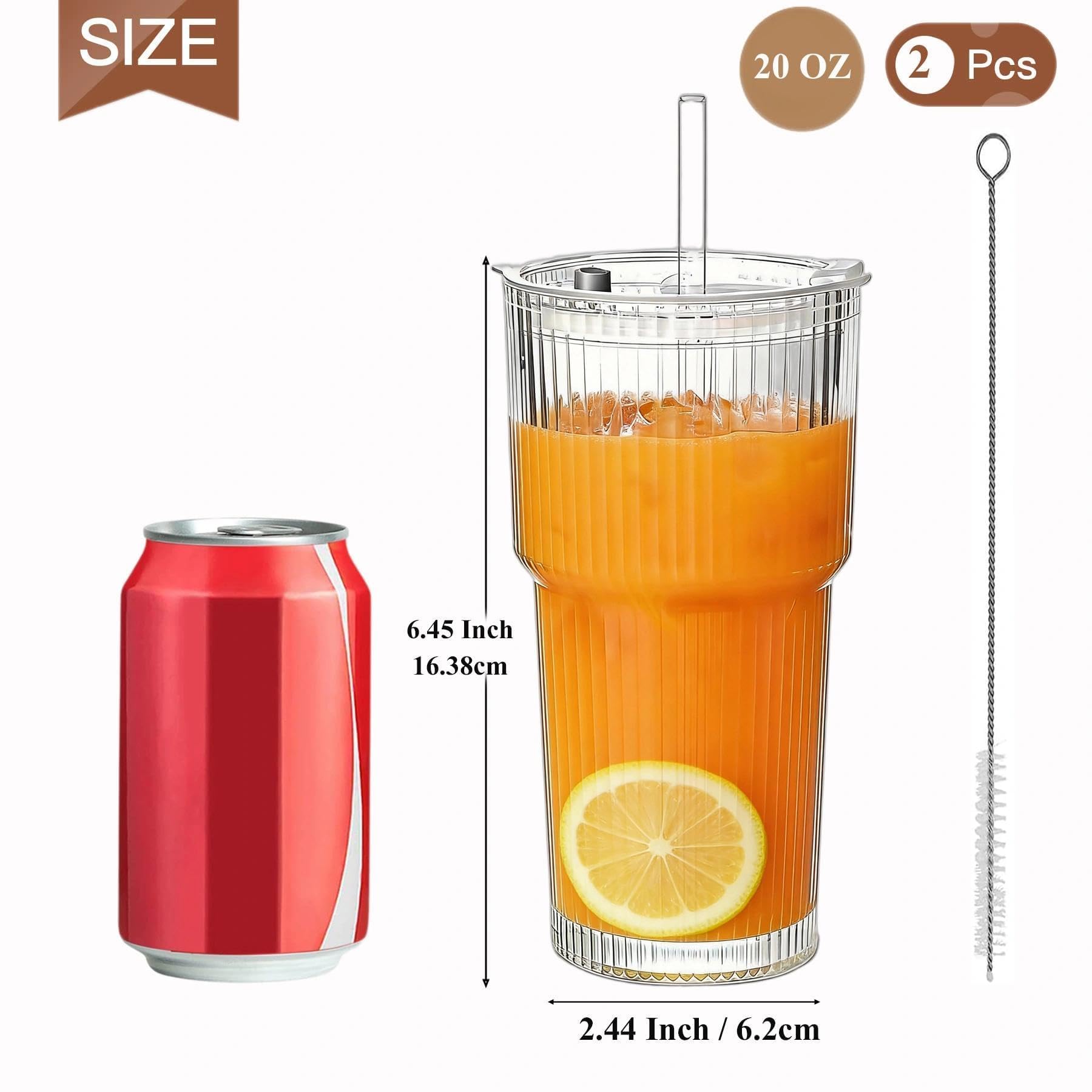 Ribbed Glass Tumbler with Lid and Straws, Resuable Ice Coffee Cups, to Go Drinking Glasses for Water, Smoothie, Matcha, Iced Tea Fruit Juice, Hot and Cold Beverages, Clear, 20oz, Set of 2