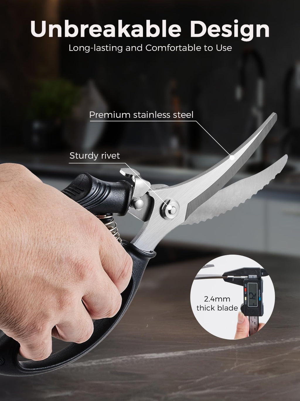 Poultry Shears, Heavy Duty Kitchen Scissors for Chicken, Meat, Bone and Fish, Spring Loaded Kitchen Shears with Anti-Slip Handle, Safety Lock, Dishwasher Safe