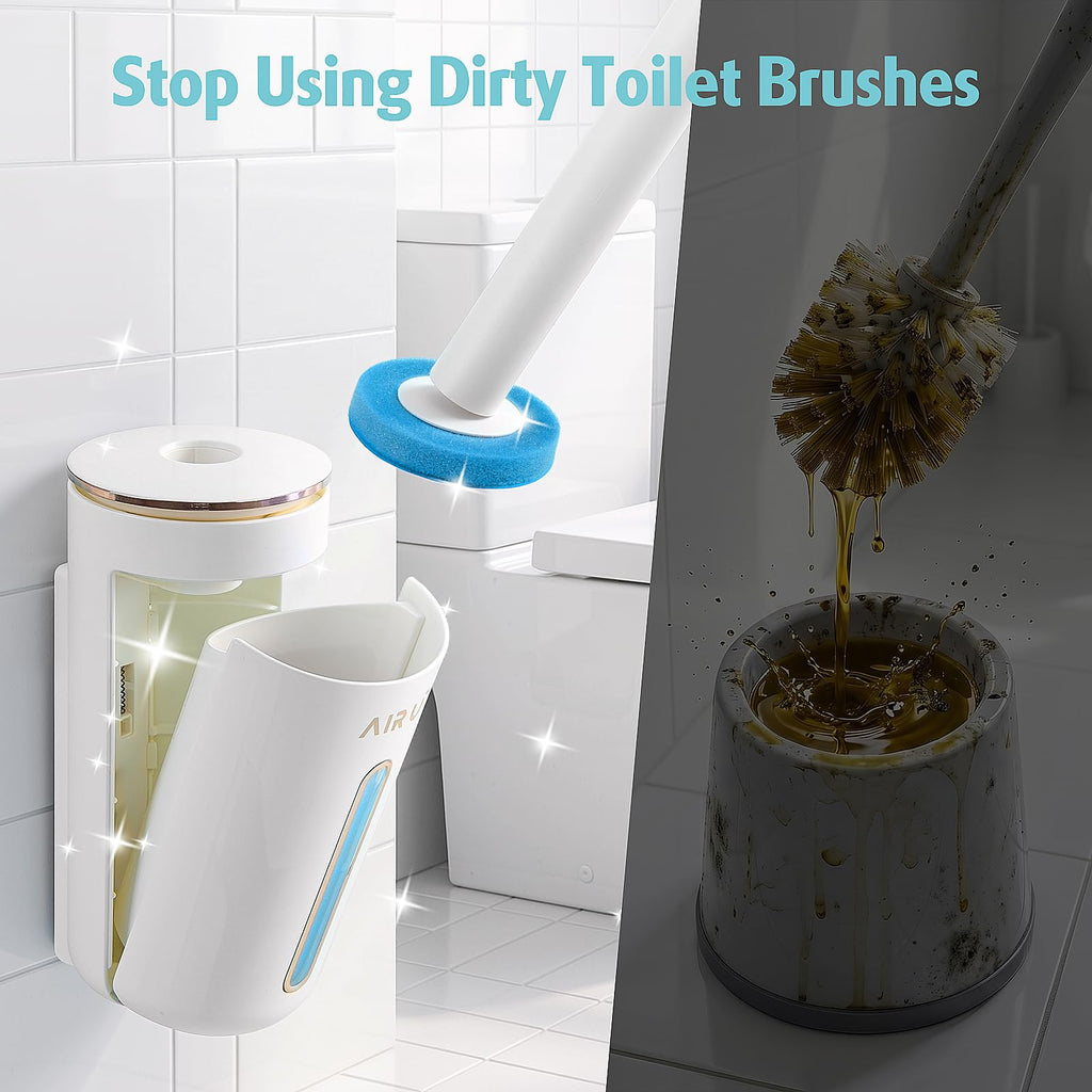 AIR U+ Disposable Toilet Brush Set, Toilet Bowl Cleaning System- 1 Toilet Wand, 1 Storage Caddy, 1 Fragrant Tablet and 24 Brush Refill Heads for Bathroom Cleaning