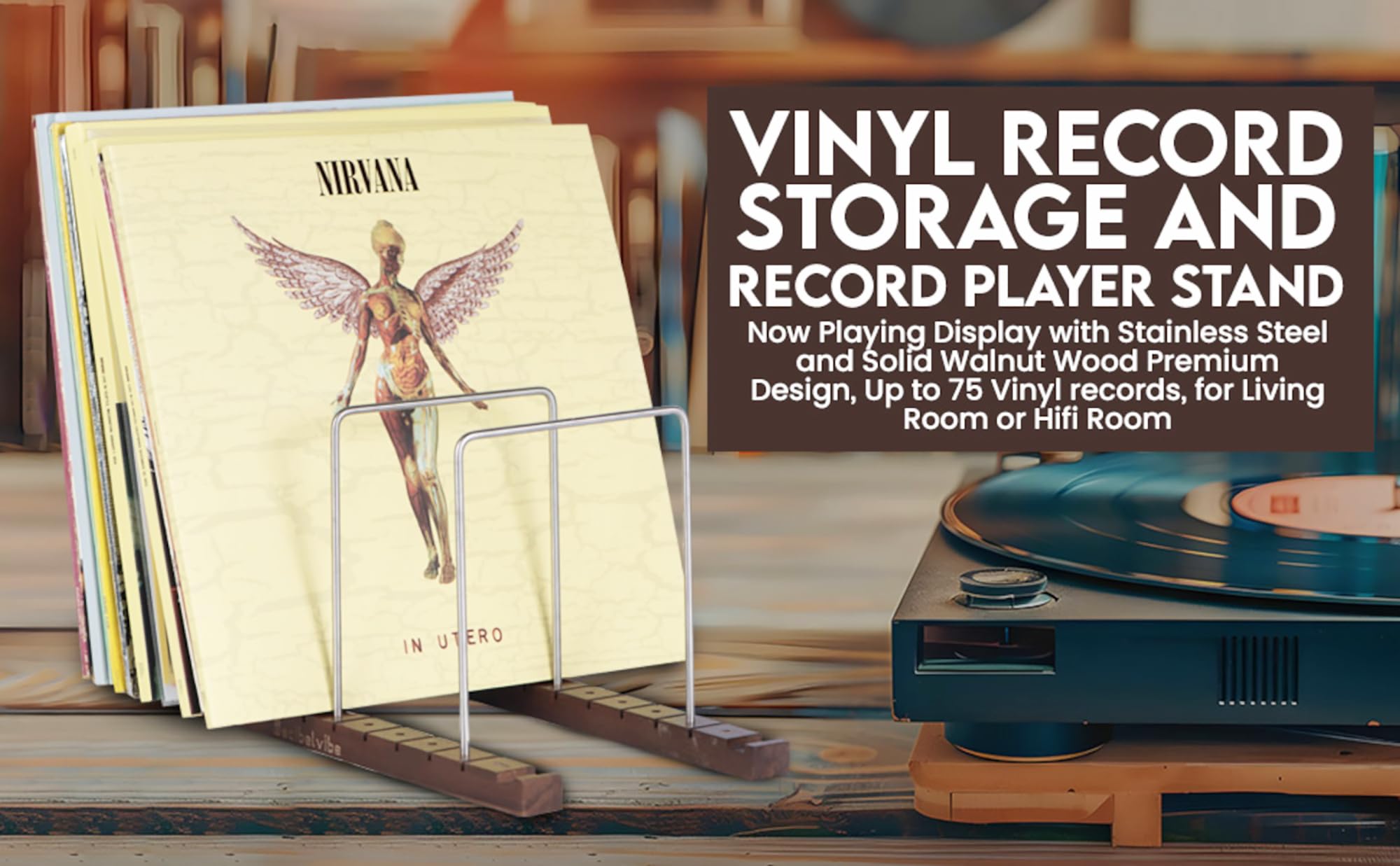 Decibelvibe Vinyl Record Storage and Now Playing Display with Stainless Steel and Solid Walnut Wood Premium Design, Up to 75 Vinyl records, for Living Room or Hifi Room