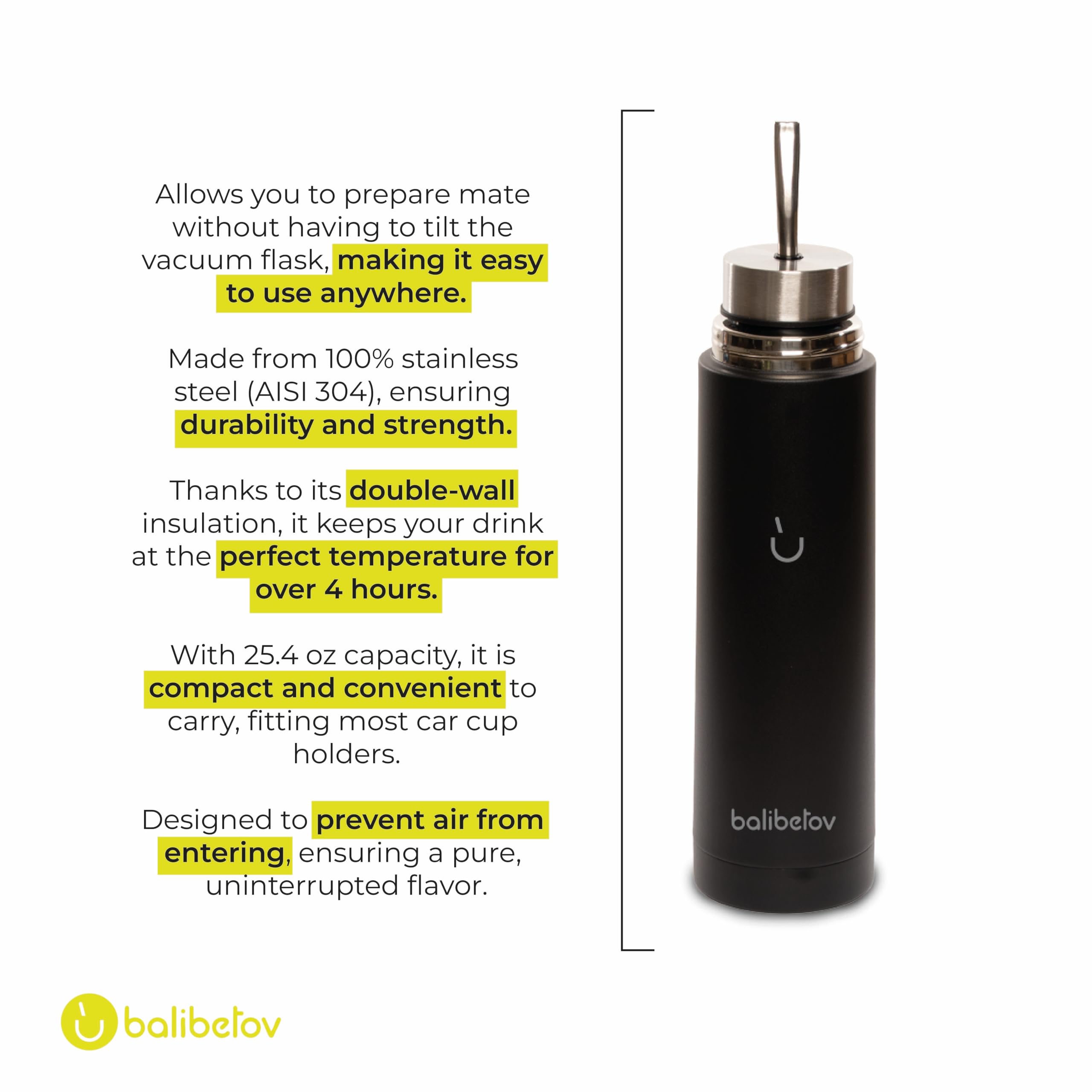 BALIBETOV 25oz Self-Serving Yerba Mate Bottle – Stainless Steel Auto-Cebante Mate Cup with Double Spout | Vacuum Insulated, No-Spill, All-in-One Mate Brewer | Keeps Water Hot for Hours