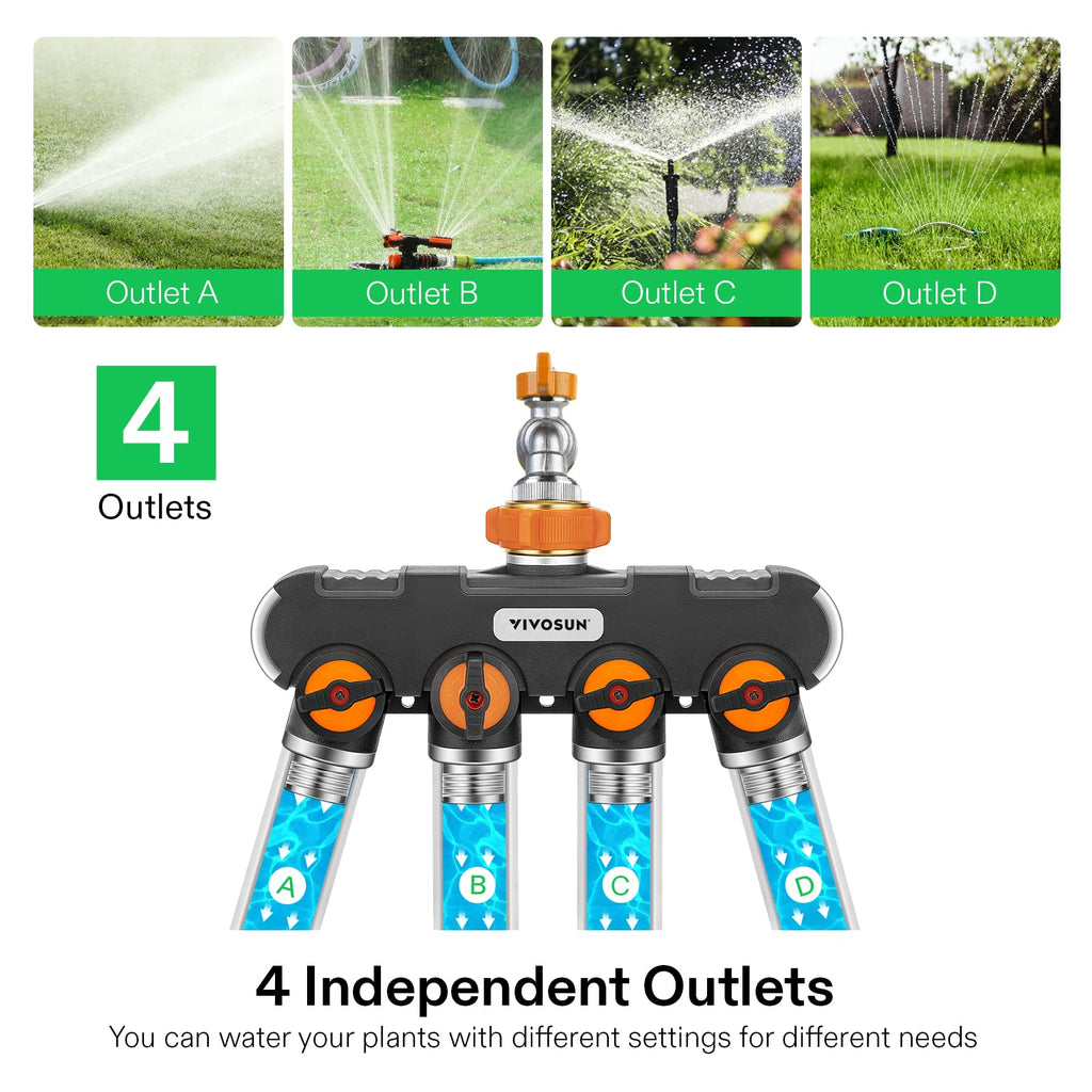 VIVOSUN Garden Hose Splitter 4 Way Heavy Duty Water Hose Connector, Water Hose Manifold, Faucet Adapter with Comfortable Rubberized Grip for Drip Irrigation, Lawns