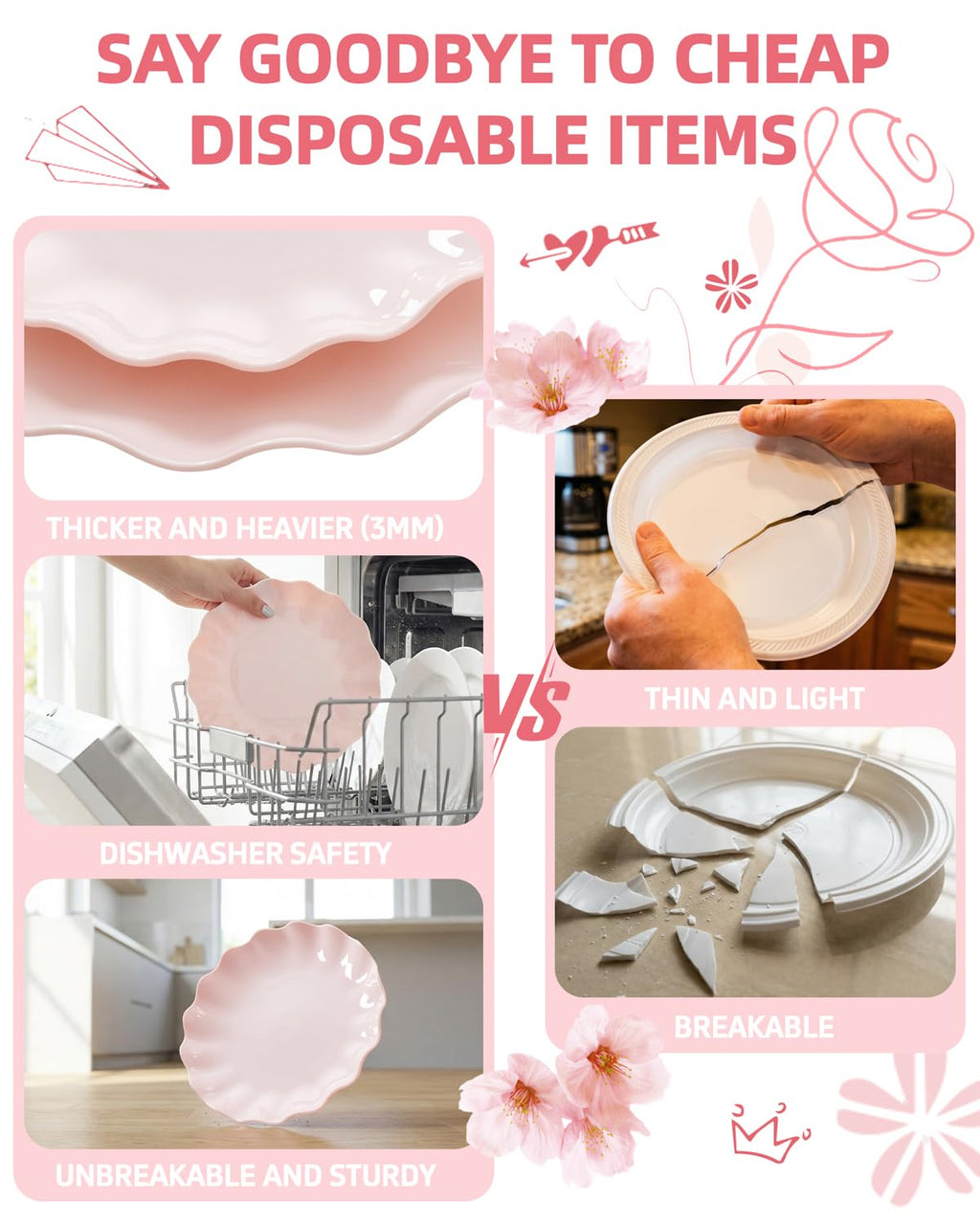 LIYH 24 Pcs Pink Plates Reusable, Pink Plastic Scalloped Plate Durable and Dishwasher Safe,Baby Shower Plate, Light Weight Daisy Plastic Wavy Plates for Wedding Party Birthday