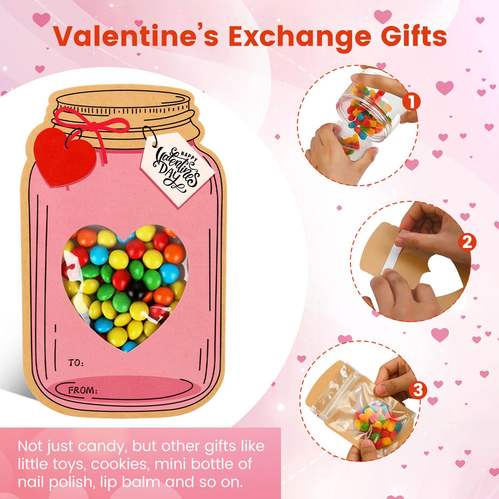 Giiffu 50 Pack Mason Jar Valentine Cards for Kids Classroom, 5 Color Designs DIY Valentine’s Day Cards with Treat Bags, Candy Valentines for School Exchange Party Favors (Candy Not Included)