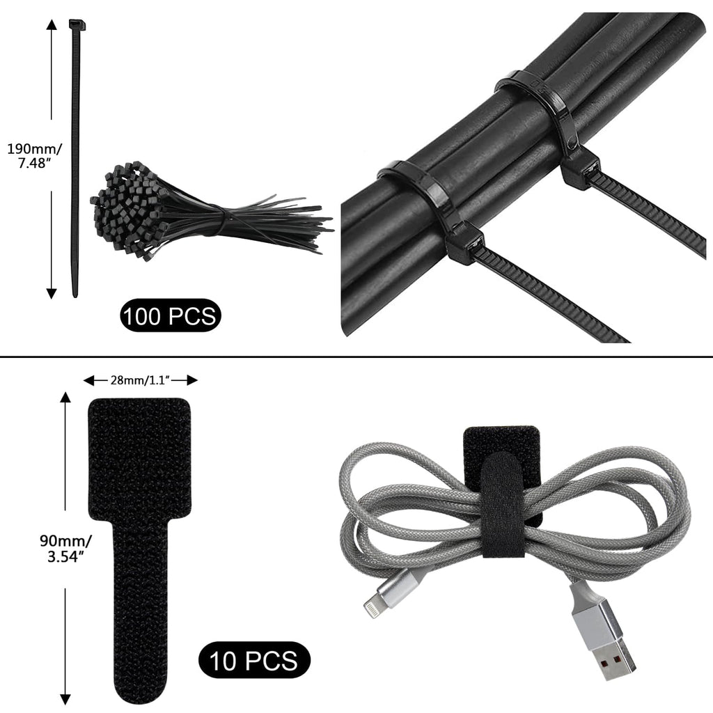 SOULWIT 200PCS Cable Management Kit,4 Cable Sleeves,37 Cable Clips,7 Cable Holders,10 Zip Tie Mounts,20 Cable Clip Nails,100 Cable Fastening Ties,20+2 Roll Cable Straps for TV PC Computer Under Desk