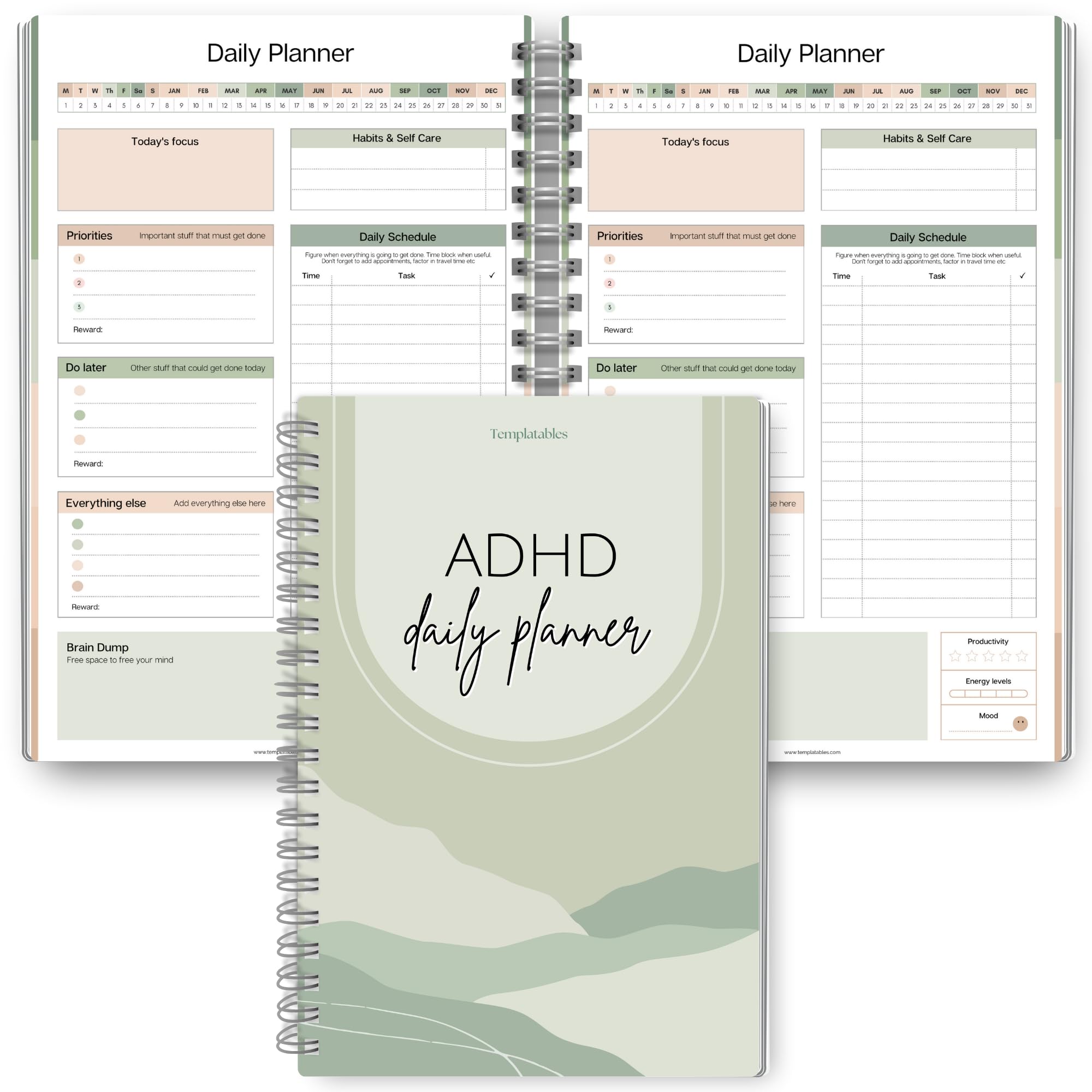 ADHD Daily Planner for Neurodigenic Adults, Daily Productivity Planner and Task Management to Stay Organized and Focused (Green)