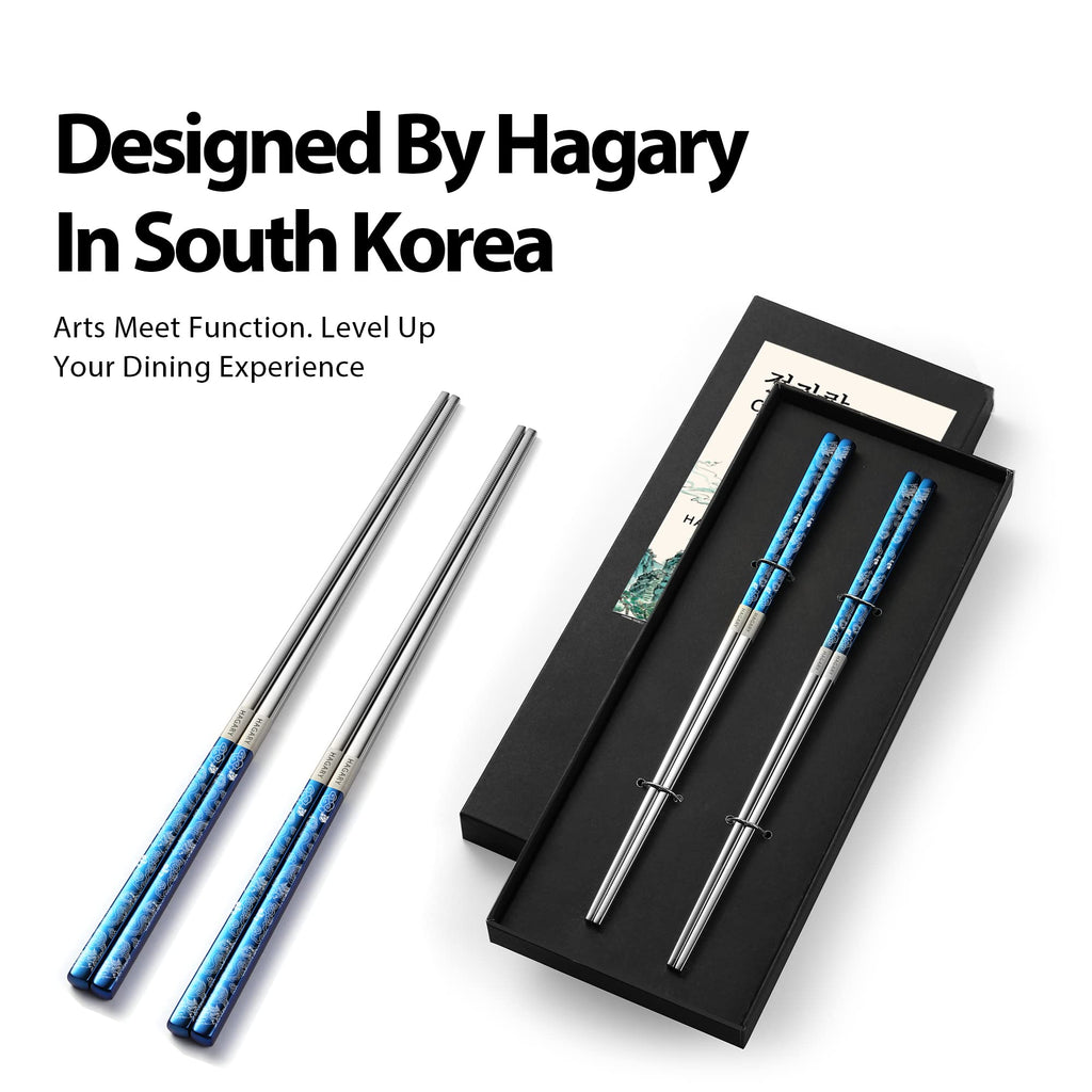 Hagary Dragon Chopsticks Metal Reusable Designed In Korea Japanese Style Stainless Steel 316 18/10 Non-Slip Dishwasher Safe Laser Etched (Blue - 2 Pairs)
