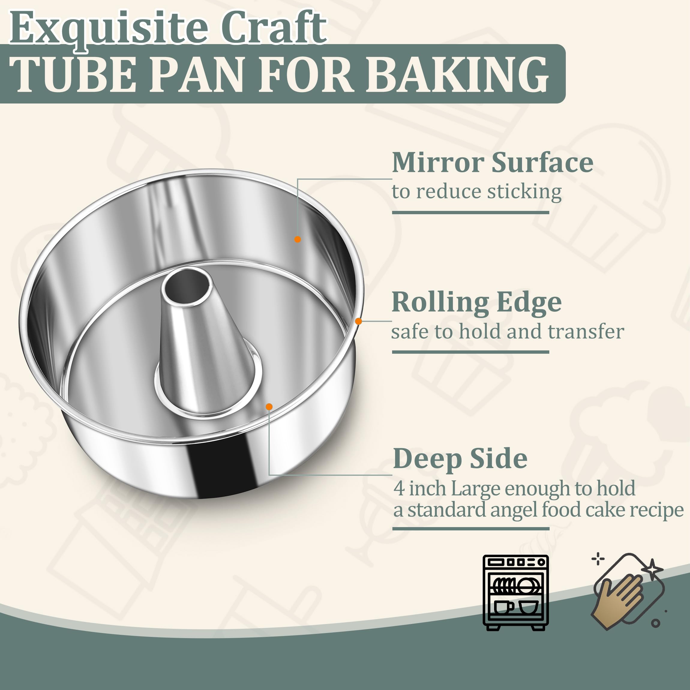 10-Inch Angle Food Cake Pan, HaSteeL Stainless Steel Tube Cake Pan, Pound Cake Mold for Pound Chiffon Cake, One-Piece & Hollow Design, Non-Toxic & Healthy, Mirror Finish, Dishwasher Safe