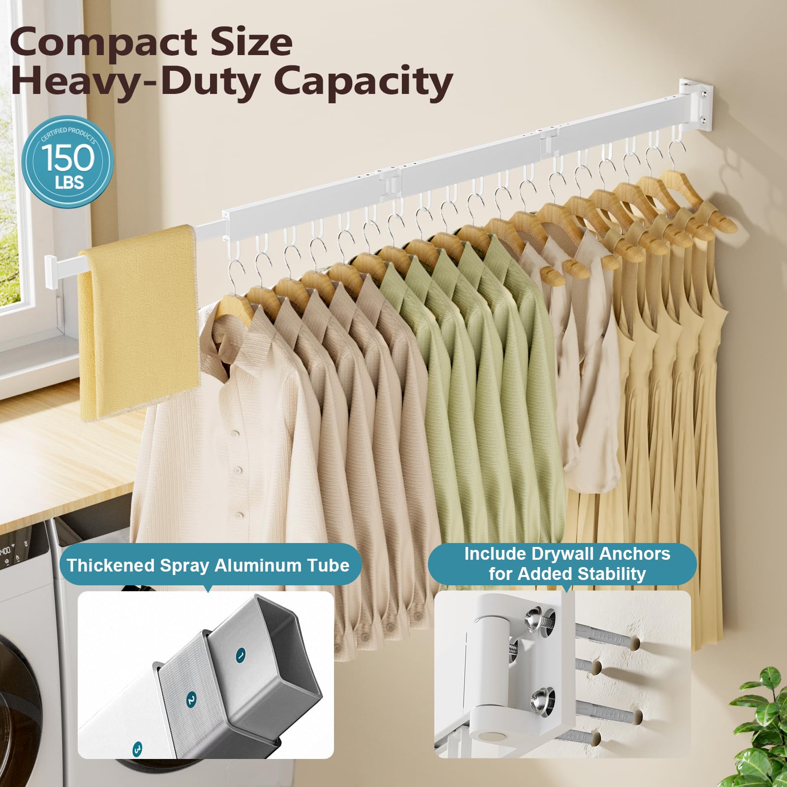 JAUREE Clothes Drying Rack Wall Mounted, Laundry Drying Rack Collapsible, Space Saving Wall Drying Rack Clothing Foldable, Tri-Fold Retractable Rack Outdoor Indoor with 18 Hooks, White