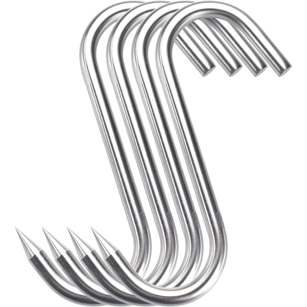 (4Pack) 8 Inch S-Hook Meat Hooks Heavy Duty Stainless Steel Meat Processing Butcher Hook Hanging Drying BBQ Grill Cooking Metal Meat Hooks for Butcher, Farmer, Hunter（10mm-8inch）