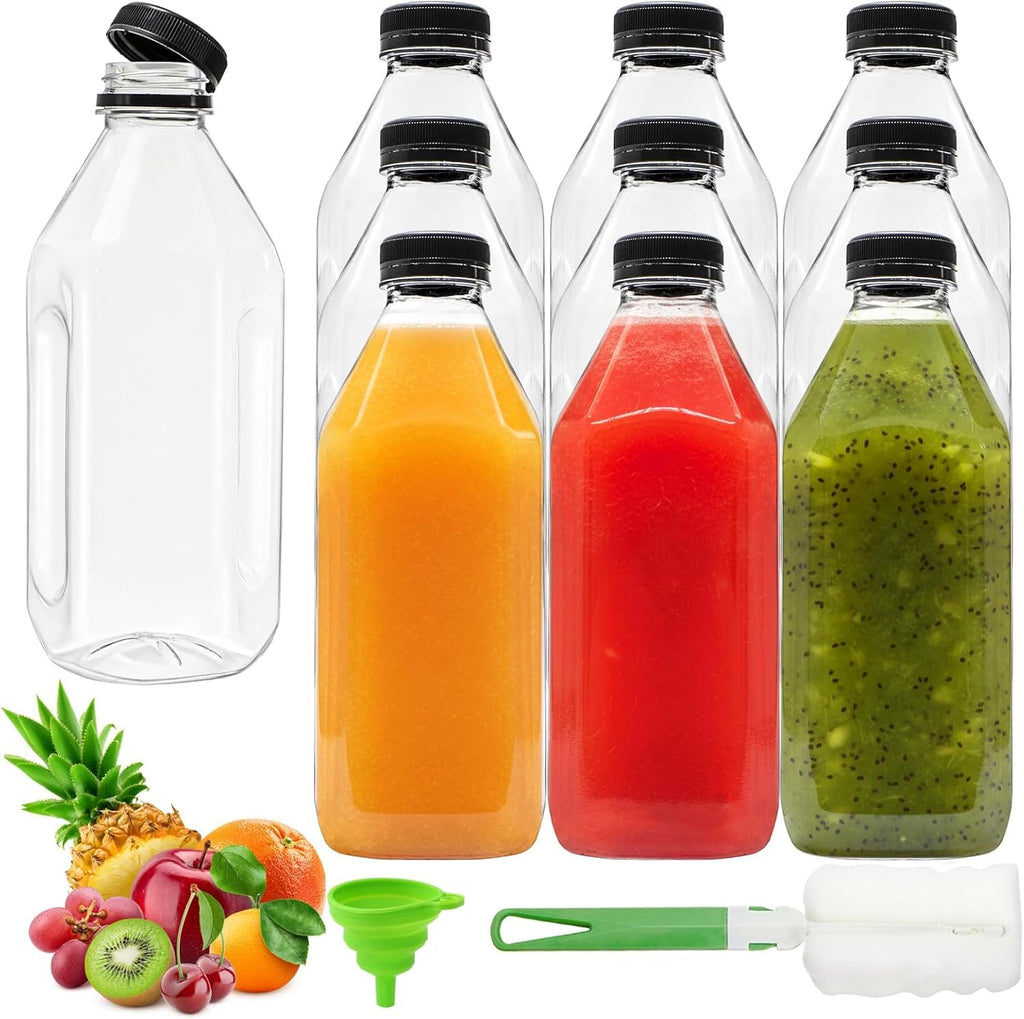 Coloch 10 Pack 33 Oz Plastic Juice Bottles with Black Caps, 1L Empty Clear Reusable Drink Container Beverage Containers for Water, Juice, Beverage, Cold Drinks, Picnic, Business and Home Use