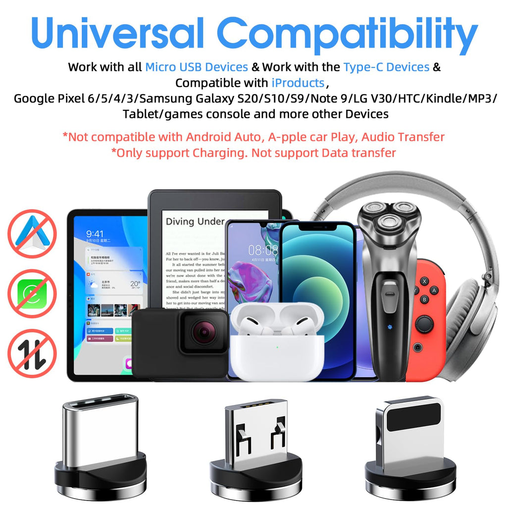 Magnetic Charging Cable, 540° Rotating Phone Charger [6-Pack, 3ft/3ft/3ft/6ft/6ft/10ft] 3 in 1 USB Cable Nylon Braided for iProduct/Micro USB/Type C Device