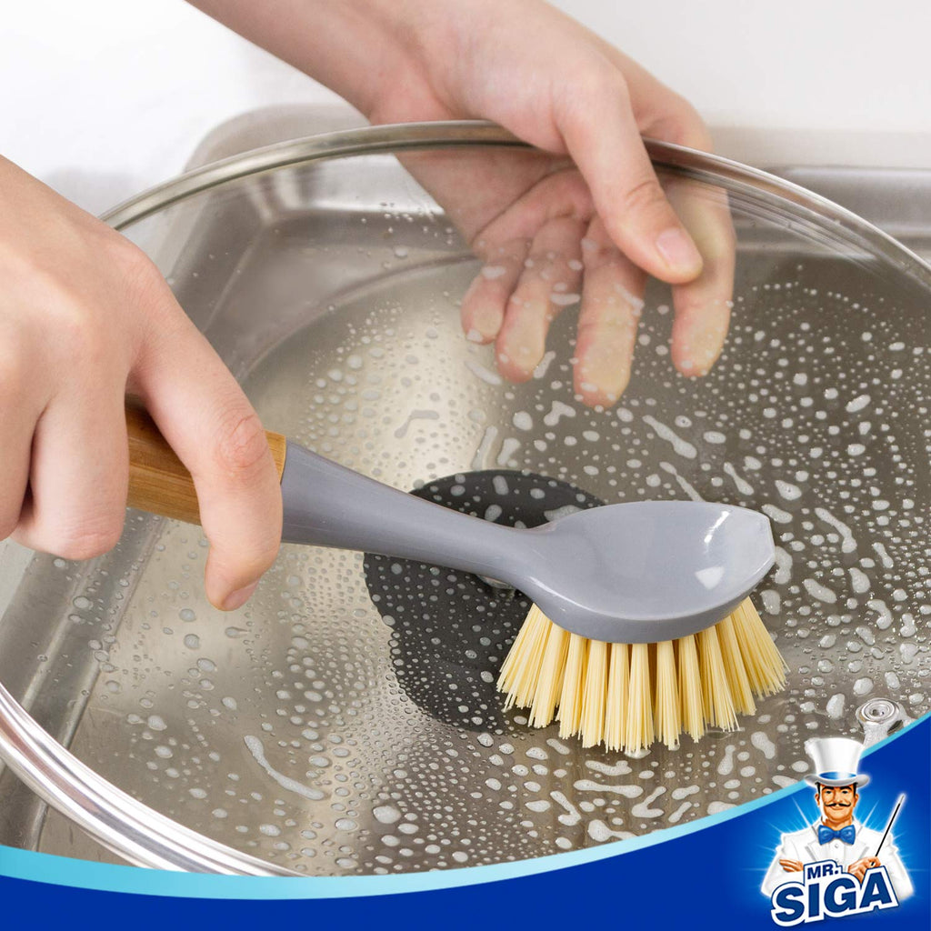 MR.SIGA Dish Brush with Bamboo Handle Built-in Scraper, Scrubbing Brush for Pans, Pots, Kitchen Sink Cleaning, Pack of 2