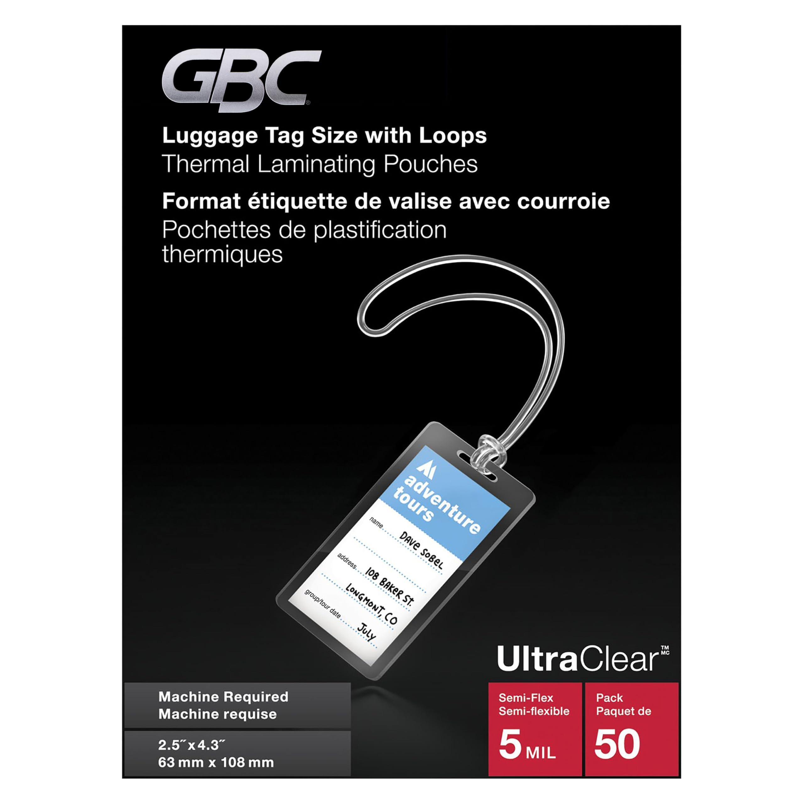 GBC UltraClear Thermal Laminating Pouches, 5 Mil, Luggage Tag Size with Loops, 2-1/2 x 4-1/4-Inch, 50 Per Pack, 1346557007