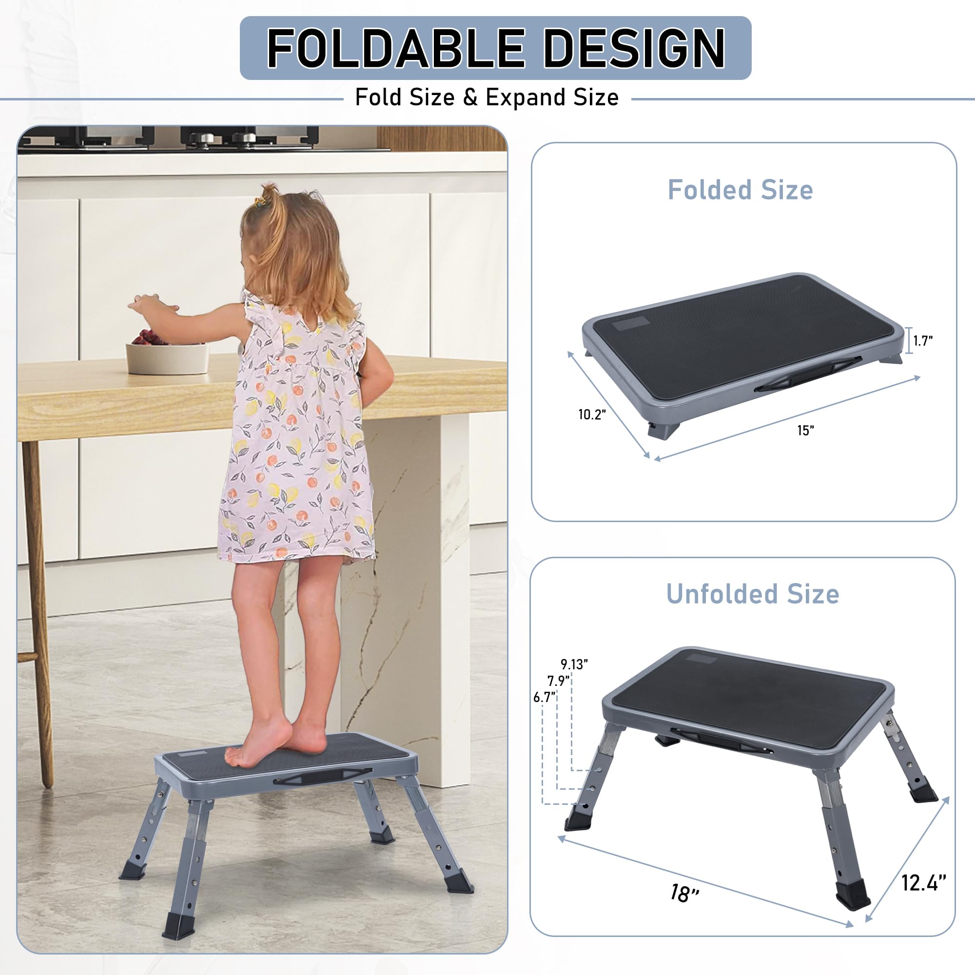 BQKOZFIN Folding Step Stool, 15'‘ x 10.2’' Adjustable Height Step Stool with Non-Slip Rubber and Handle, Suitable for RVs, Bathrooms, Kitchens, and Bedside Use, Supports up to 330 lbs (Gray)