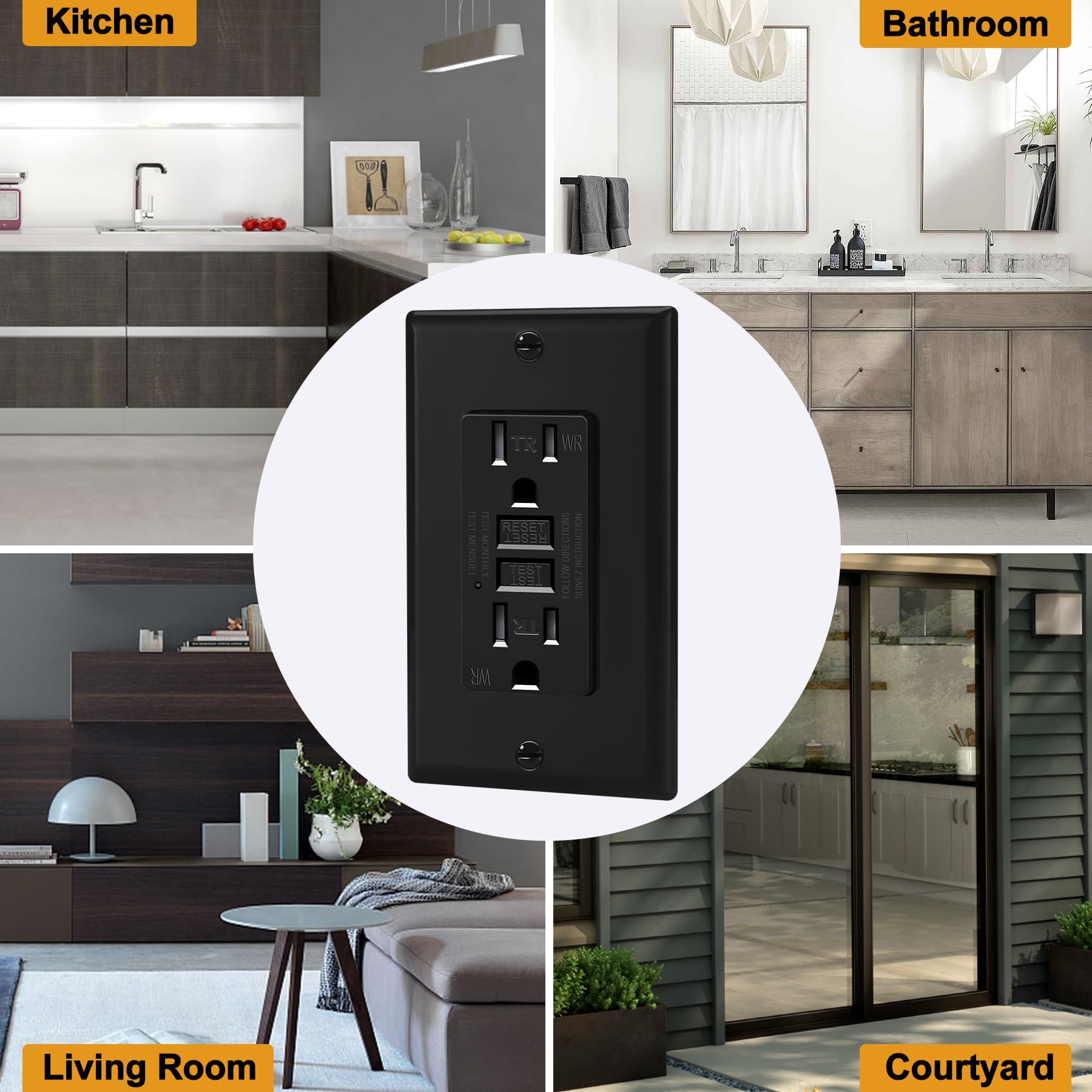 ELECTECK GFCI Outlets 15 Amp, Outdoor Weather Resistant (WR), Decor GFI Receptacles with LED Indicator, Ground Fault Circuit Interrupter, Wallplate Included, ETL Certified, Black
