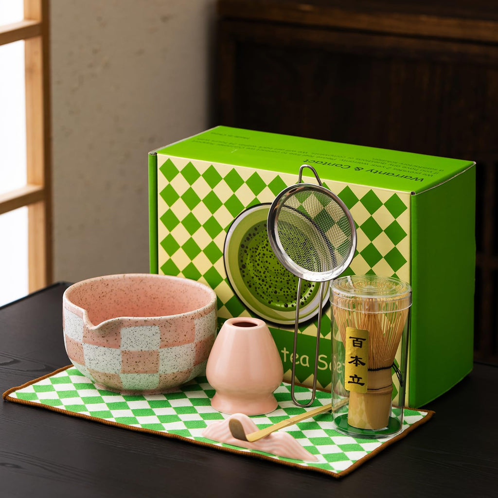7pcs Traditional Matcha Tea Ceremony Set, Purple Ceramic Bowl with Bamboo Whisk, Holder and Strainer (Pink grid)