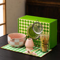 7pcs Traditional Matcha Tea Ceremony Set, Purple Ceramic Bowl with Bamboo Whisk, Holder and Strainer (Pink grid)