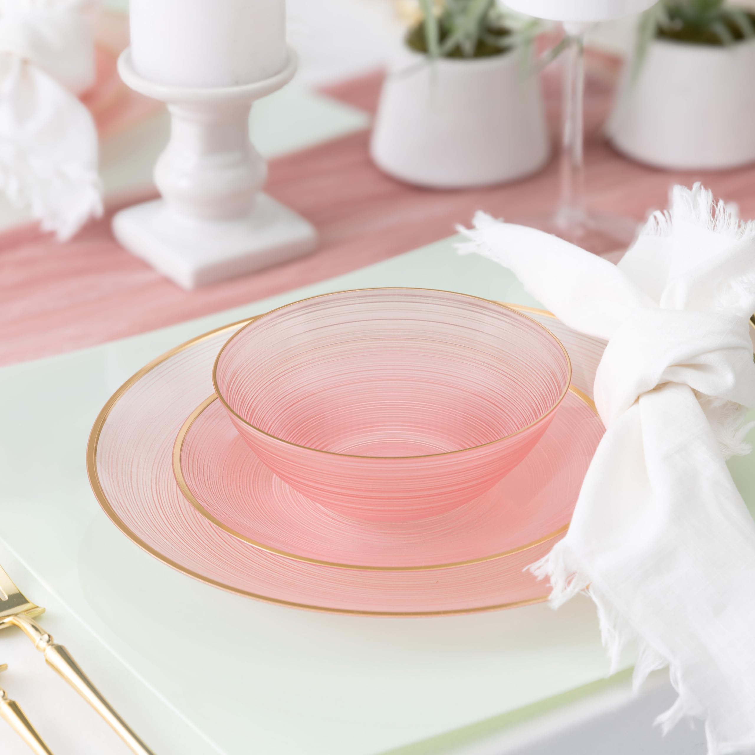 PLASTICPRO 32 Pieces Crystal Design Plastic Plates Combo Pack 7 inch and 10 inch Gold Rim Elegant Disposable Plates, Transparent Pink