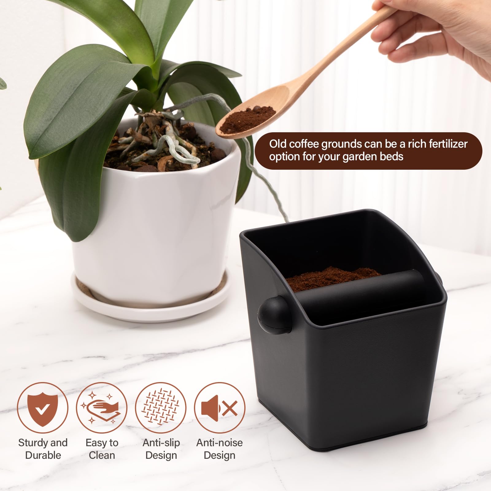 HOMEE Rectangular Espresso Knock Box,Large Capacity & Non-Slip Base Coffee Knock Box,Coffee Grounds Container with Removable Knock Bar,Espresso Accessories for Coffee Bar Kitchen Counter,Black