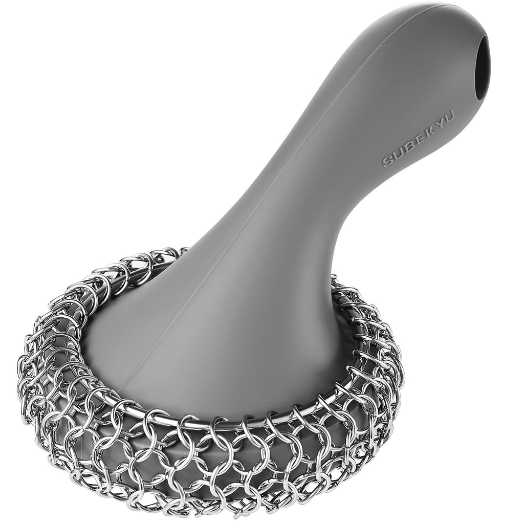SUBEKYU Cast Iron Scrubber with Silicone Handle, Stainless Steel Cast Iron Skillet Cleaner Chainmail Scrubber for Pans, Grey