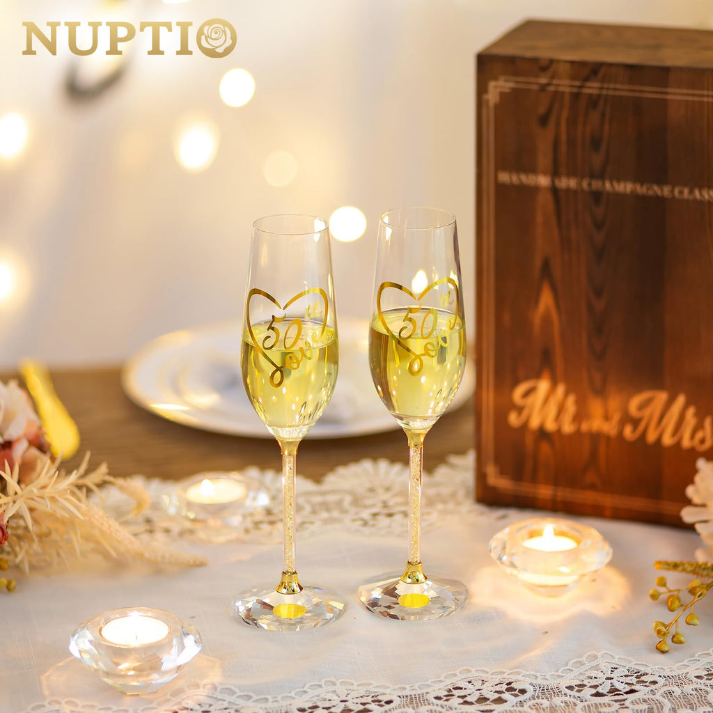 NUPTIO 50th Anniversary Champagne Flutes: Set of 2 Gold Crystal Toasting Glasses with Wooden Gift Box Engraved Wine Glass for Birthday Party Table Decoration Ideal Gifts for Couple Parents His and Her