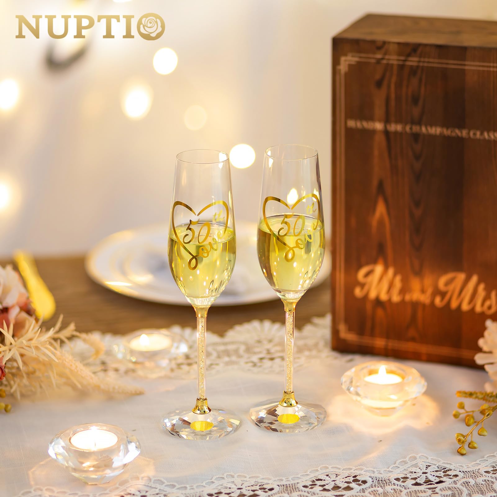NUPTIO 50th Anniversary Champagne Flutes: Set of 2 Gold Crystal Toasting Glasses with Wooden Gift Box Engraved Wine Glass for Birthday Party Table Decoration Ideal Gifts for Couple Parents His and Her