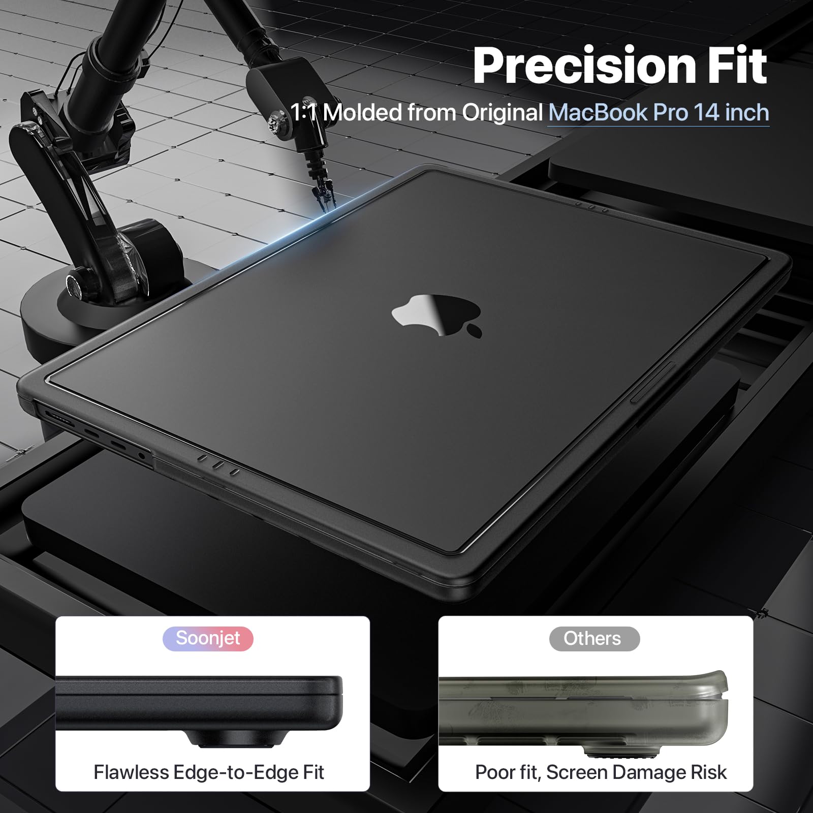 Soonjet CrackGuard for MacBook Pro 14 inch Case M5 M4 M3 M2 M1 Pro/Max 2026 2025-2021 [Anti-Crack Upgrade] [100% Match Official Color] Cover Protective Hard Shell Case Laptop - Space Black Clear