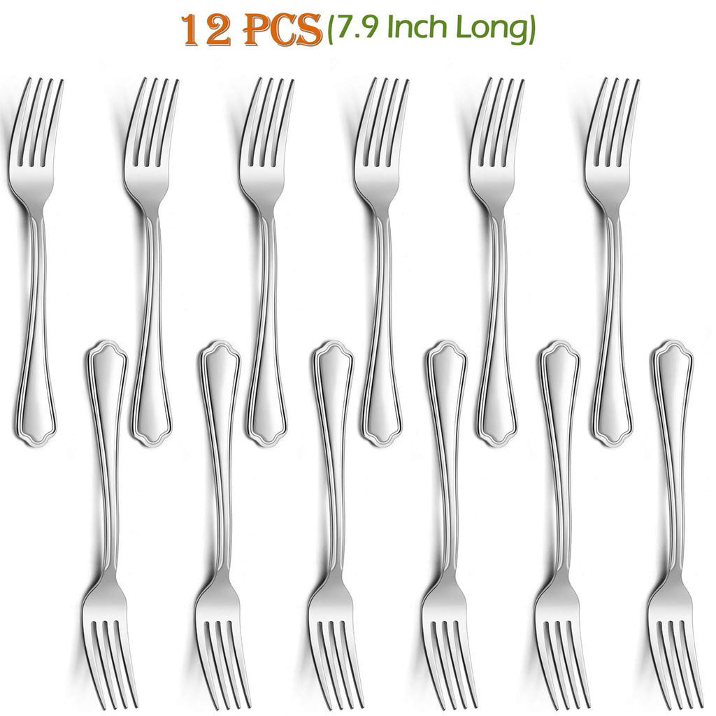Dinner Forks Set of 12, E-far 7.9 Inch Stainless Steel Forks for Home, Kitchen or Restaurant, Non-toxic & Mirror Polished, Scalloped Edge & Dishwasher Safe