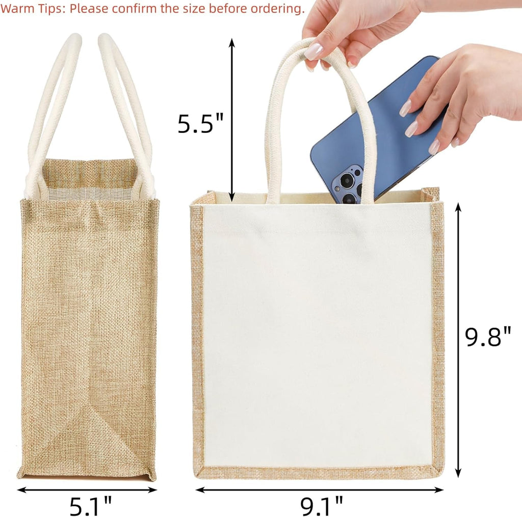 SOUJOY 6 Pack Burlap Tote Bags, 23×25 cm Small Beach Bags, Reusable Jute Gift Tote with Handles, Canvas Grocery Shopping Tote for Bridesmaid, DIY, Shopping, Pool, Wedding Bag
