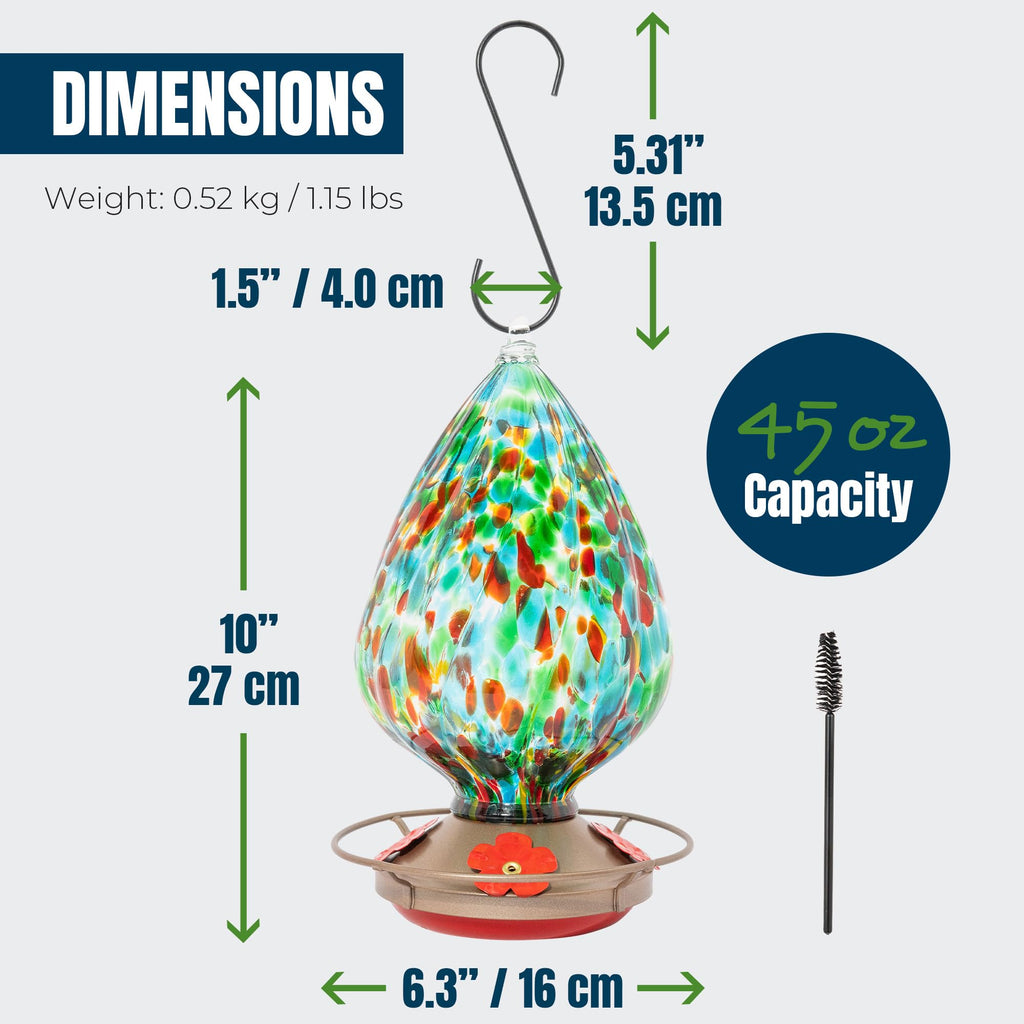 MEKKAPRO Glass Hummingbird Feeder, Hanging Hummingbird Feeders for Outdoors, 4 Feeding Ports, Glass Hummingbird Feeders for Outdoors Hanging, Includes S-Hook and Cleaning Brush (Waterdrop, Green)