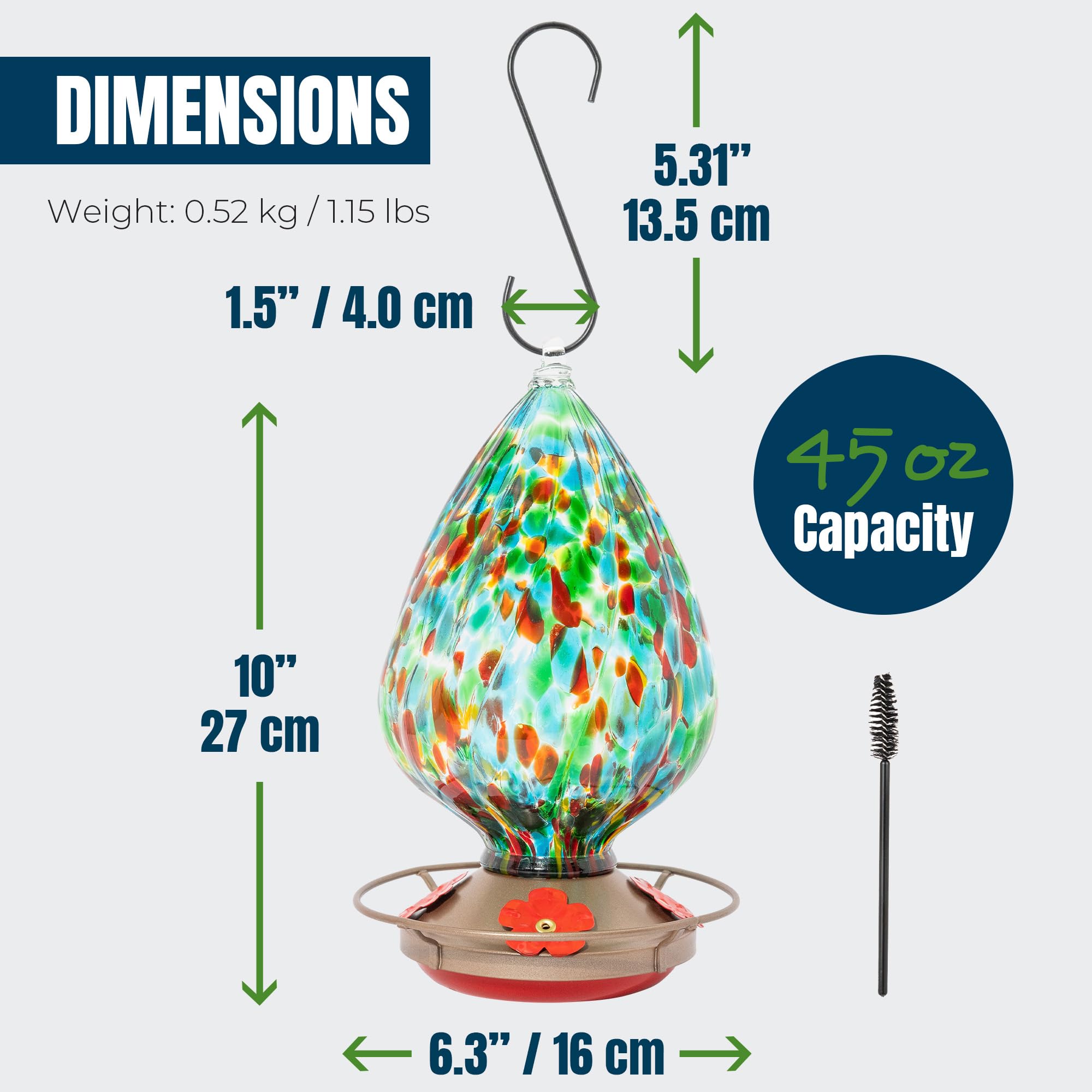 MEKKAPRO Glass Hummingbird Feeder, Hanging Hummingbird Feeders for Outdoors, 4 Feeding Ports, Glass Hummingbird Feeders for Outdoors Hanging, Includes S-Hook and Cleaning Brush (Waterdrop, Green)