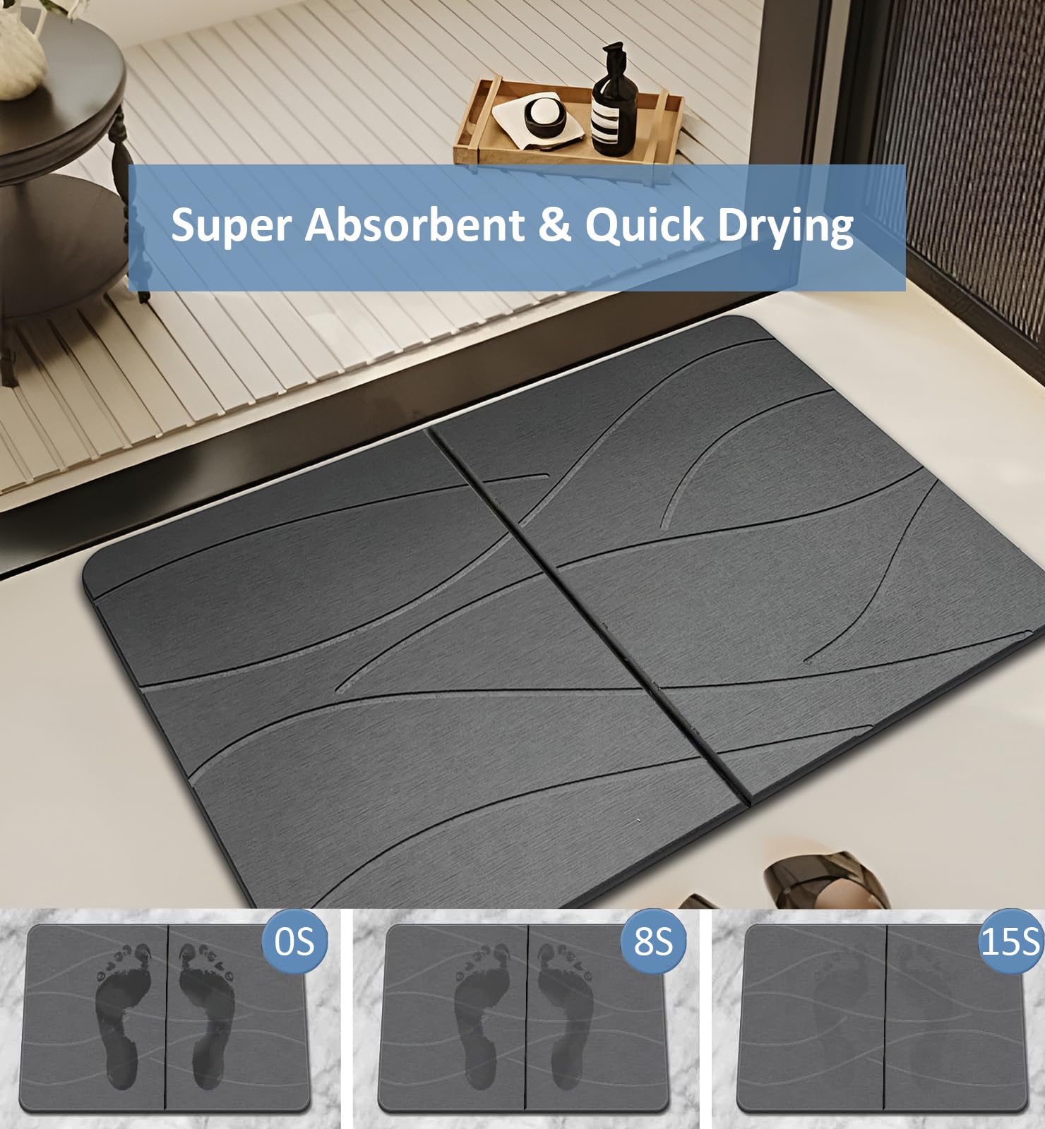 Stone Bath Mat, Diatomaceous Earth Bath Mat Stone with Fast Drying, Foldable Quick Dry Diatomite Bath Stone Mat for Bathroom, Non-Slip, Easy to Clean, 60cm x 40cm (Grey)
