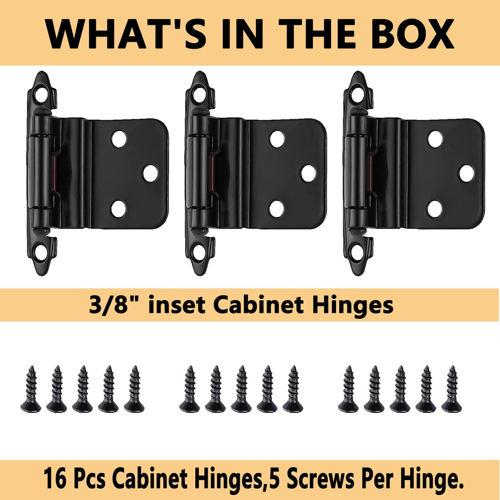 16 Pack Cabinet Hinges for Kitchen Cabinets,3/8" Inset Cabinet Hinge Self Closing Kitchen Cabinet Door Hinges Black Kitchen Cabinet Door Hinges with Screws(8 Pairs)