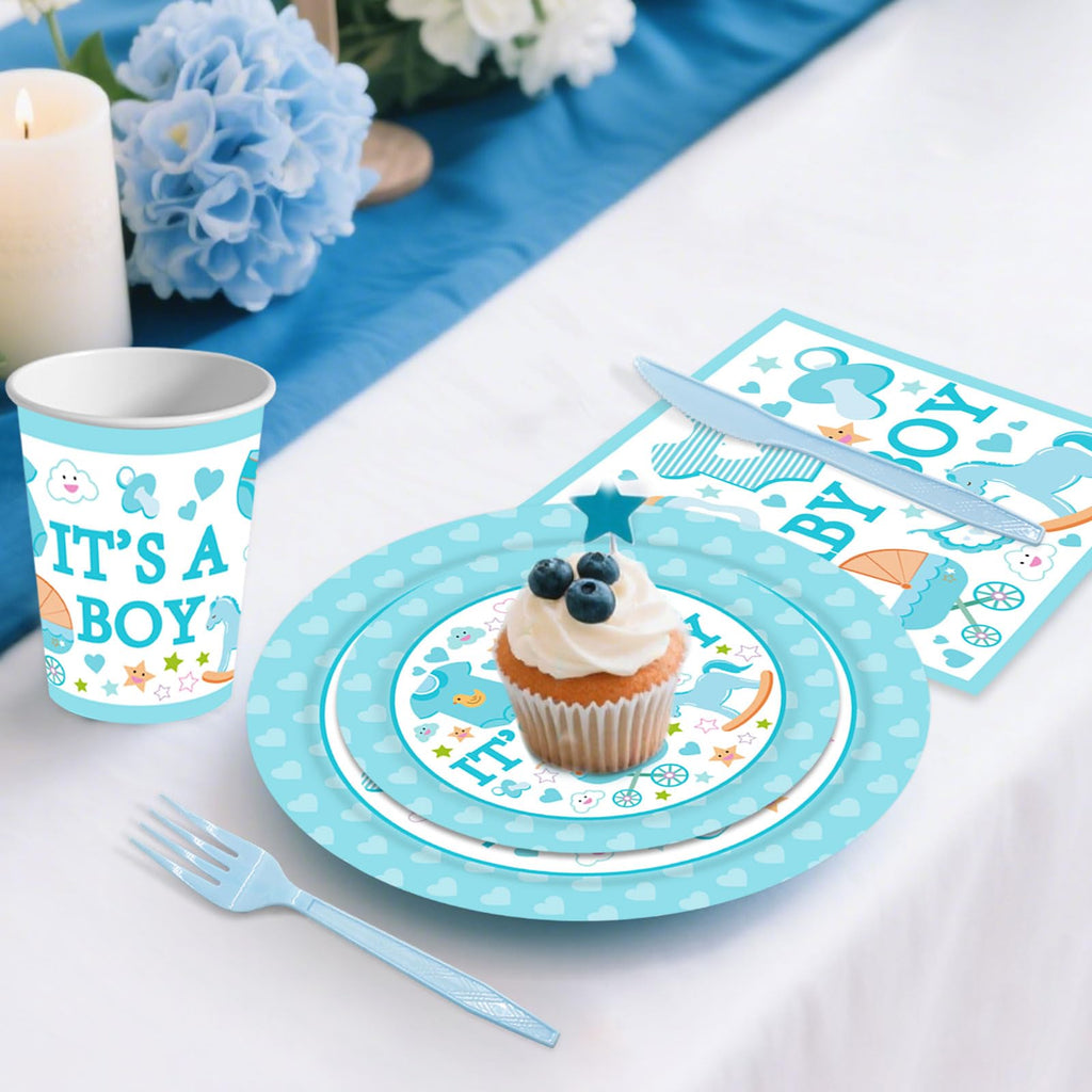 Poqirzan 144PCS Gender Reveal Party Supplies Baby Shower Plates and Napkins Tableware Sets for Boy Baby Shower Party Decorations Including Paper Cartoon Plates Napkins Cups Forks Serve 24
