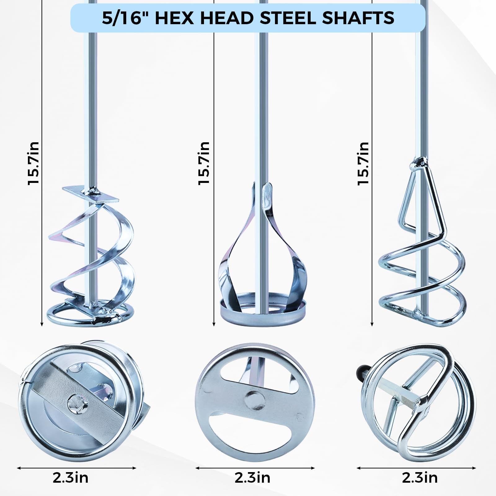 Patioer Paint Mixer Set for Drill, Epoxy Resin Mud Cement Paint Stirrer for 1-5 Gallon Buckets, 15 3/4" Length 5/16" Hex Shaft Zinc Plated Steel Mixer, 3PCS