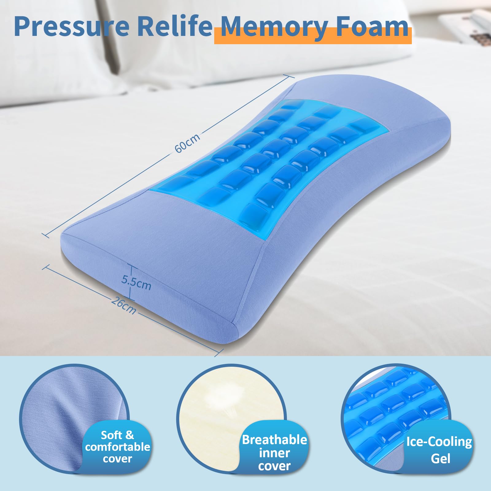 Lumbar Support Pillow for Sleeping – Lower Back Pain Relief Memory Foam Pillow with Cooling Gel for Side & Back Sleepers – Ergonomic Waist Pillow - Wedge Bolster Cushions for Bed, Car or Sofa