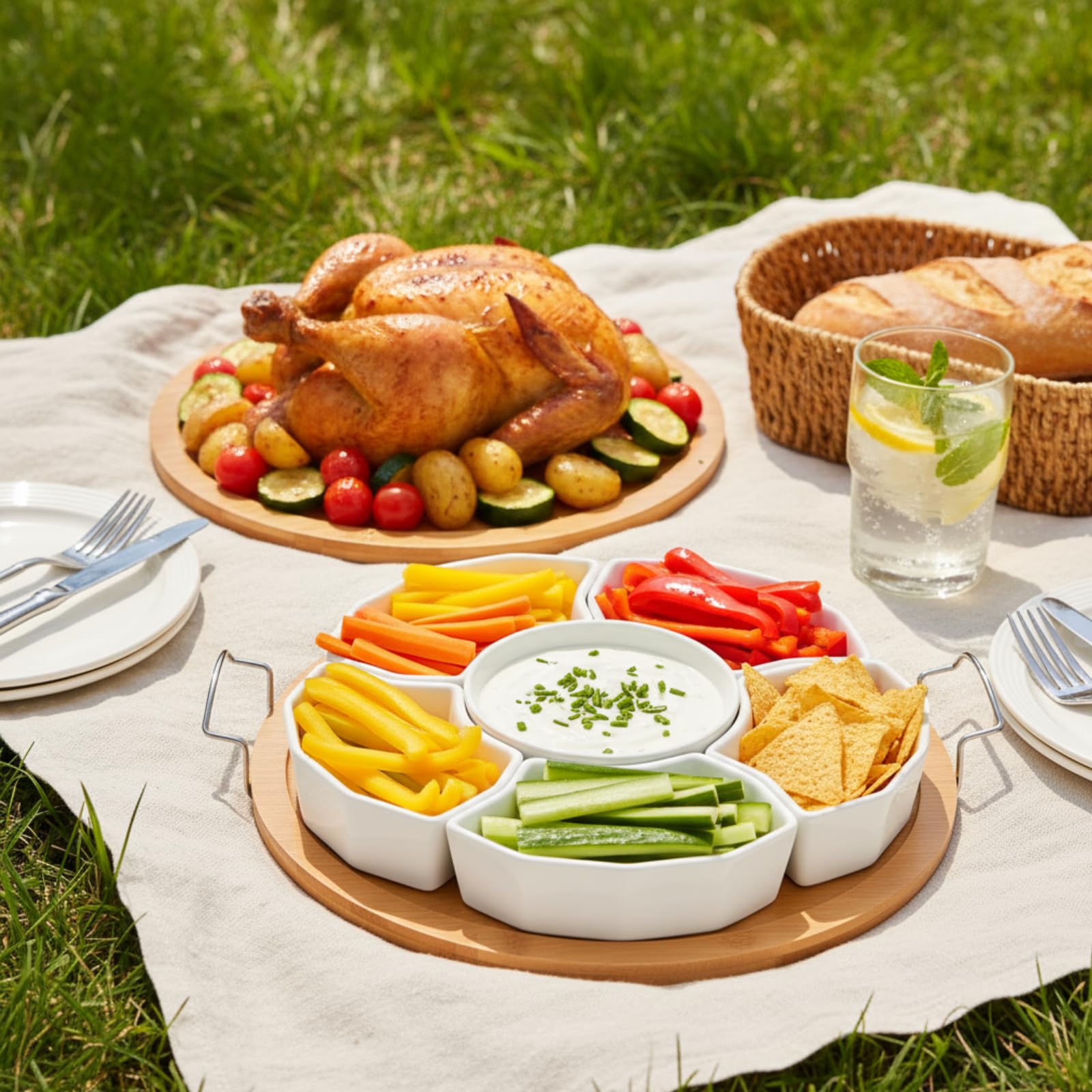 ZENFUN 11 Inch Ceramic Serving Tray and Platter, Divided Dip Bowls with Handles, 6-Compartment Removable Appetizer Snack Bowls, Round Sectional Serving Platter for Chips and Dip, Fruits, Condiment