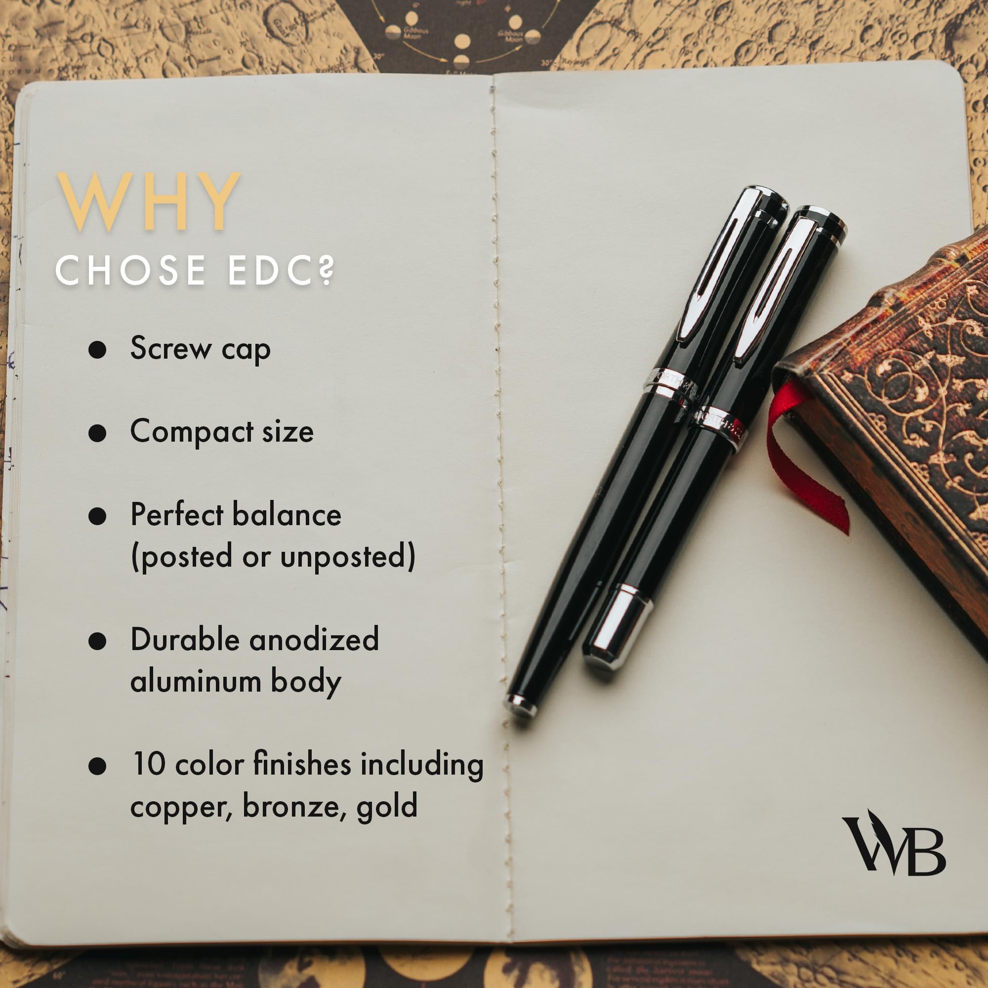 Wordsworth and Black Fountain Pen Mini EDC: Luxury Black Heavy Pocket Pen, Chrome Finish, Medium Nib, 6 Ink Cartridges, Ink Converter, Travel Refillable Writing Pen Gift Set, Men & Women