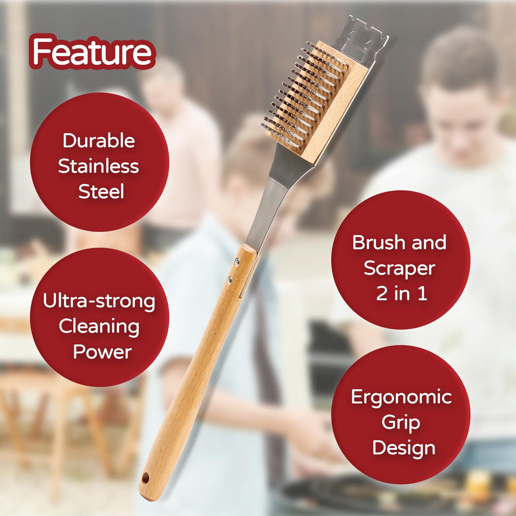ROCKSHEAT Grill Brush and Scraper, 16.9" Grill Cleaning Brush with Heat Resistant Stainless Steel Bristles & Comfortable Wood Handle, BBQ Grill Brush for Outdoor Grill, BBQ Accessories Gift for Men